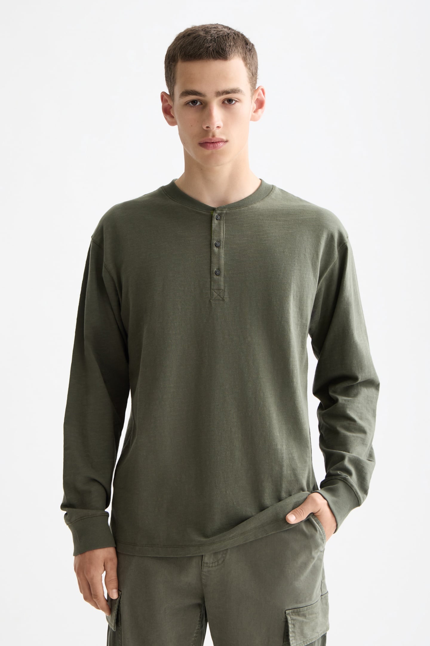 SLUB HENLEY T-SHIRT LS THYME 1