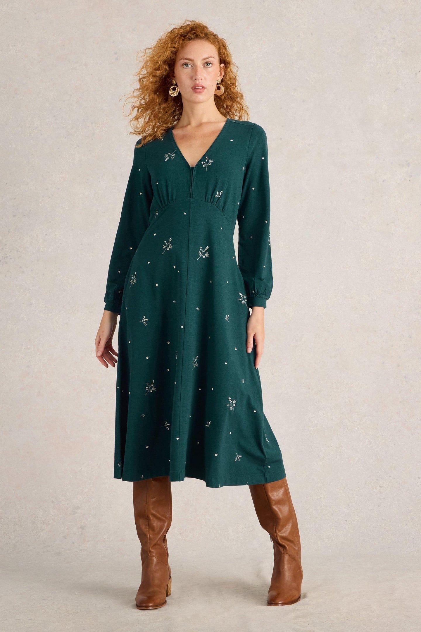 MEGAN EMBROIDERED JERSEY DRESS TEAL MULTI 1