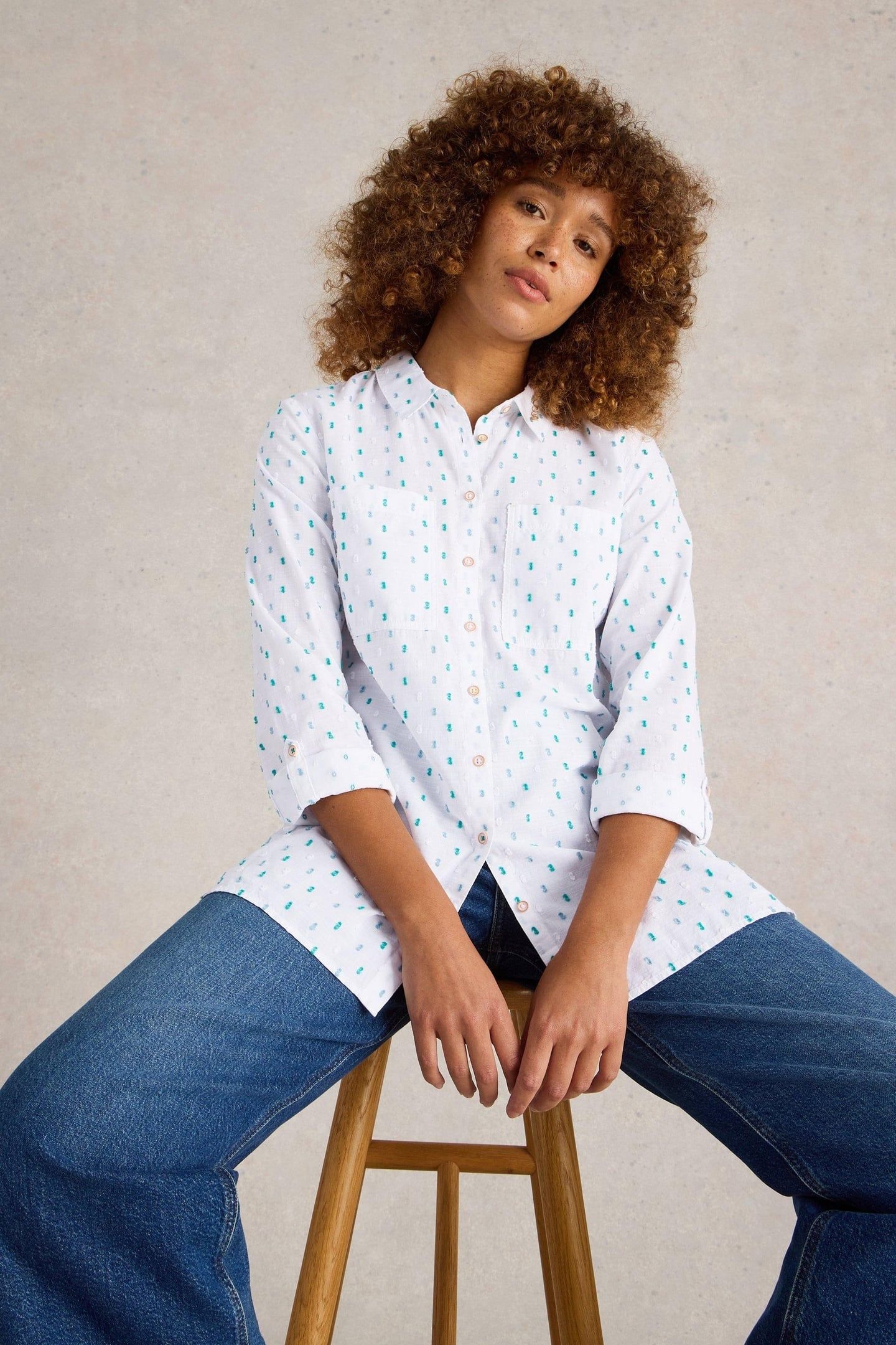 SOPHIE LONGLINE COTTON SHIRT IVORY MULTI 2