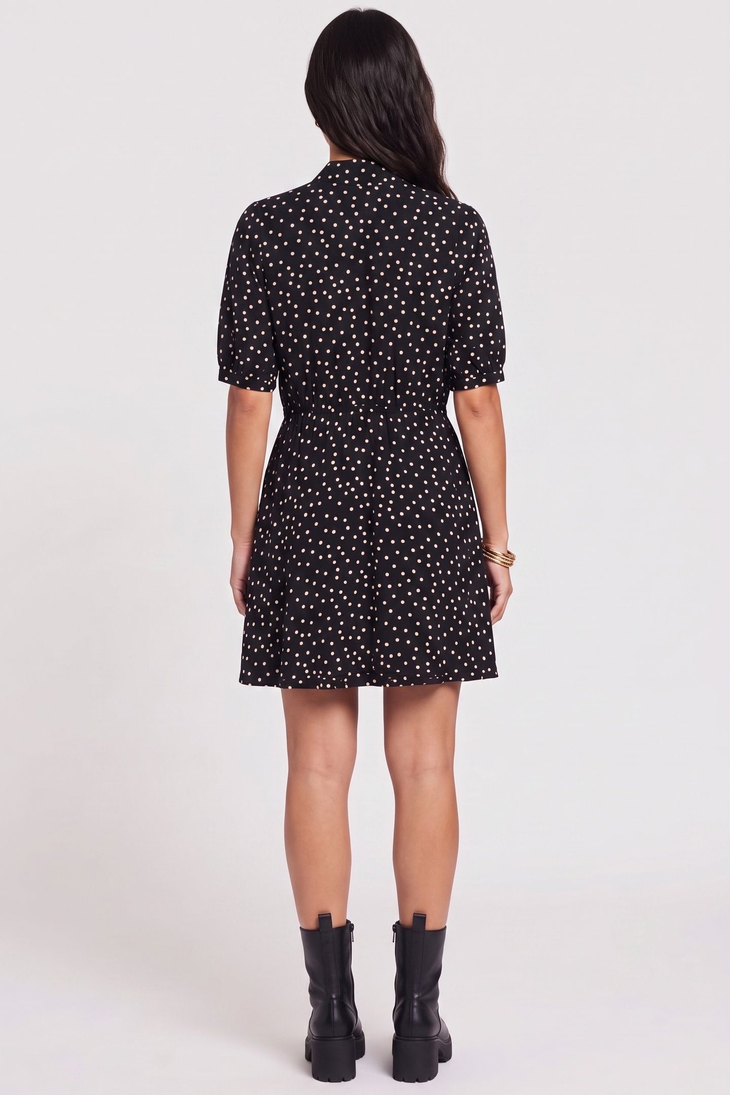 SHORT-SLEEVED POLKA DOT DRESS WITH A TIE BLACK WHITE 2