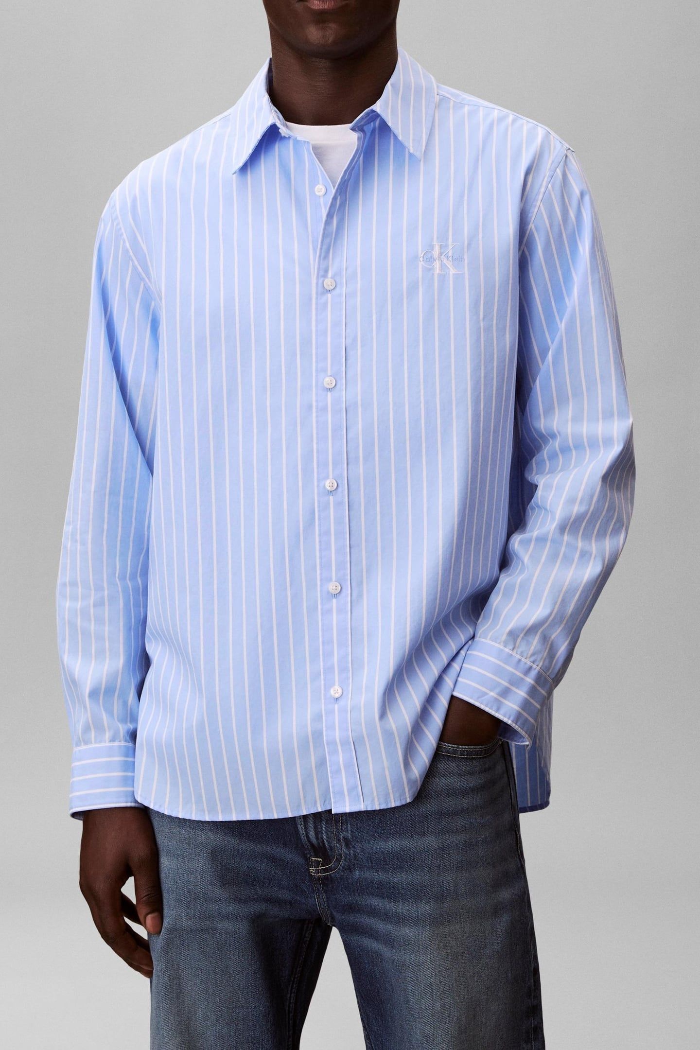 LONG SLEEVE YARN-DYED STRIPE WASHED BLUE DESCENT 1