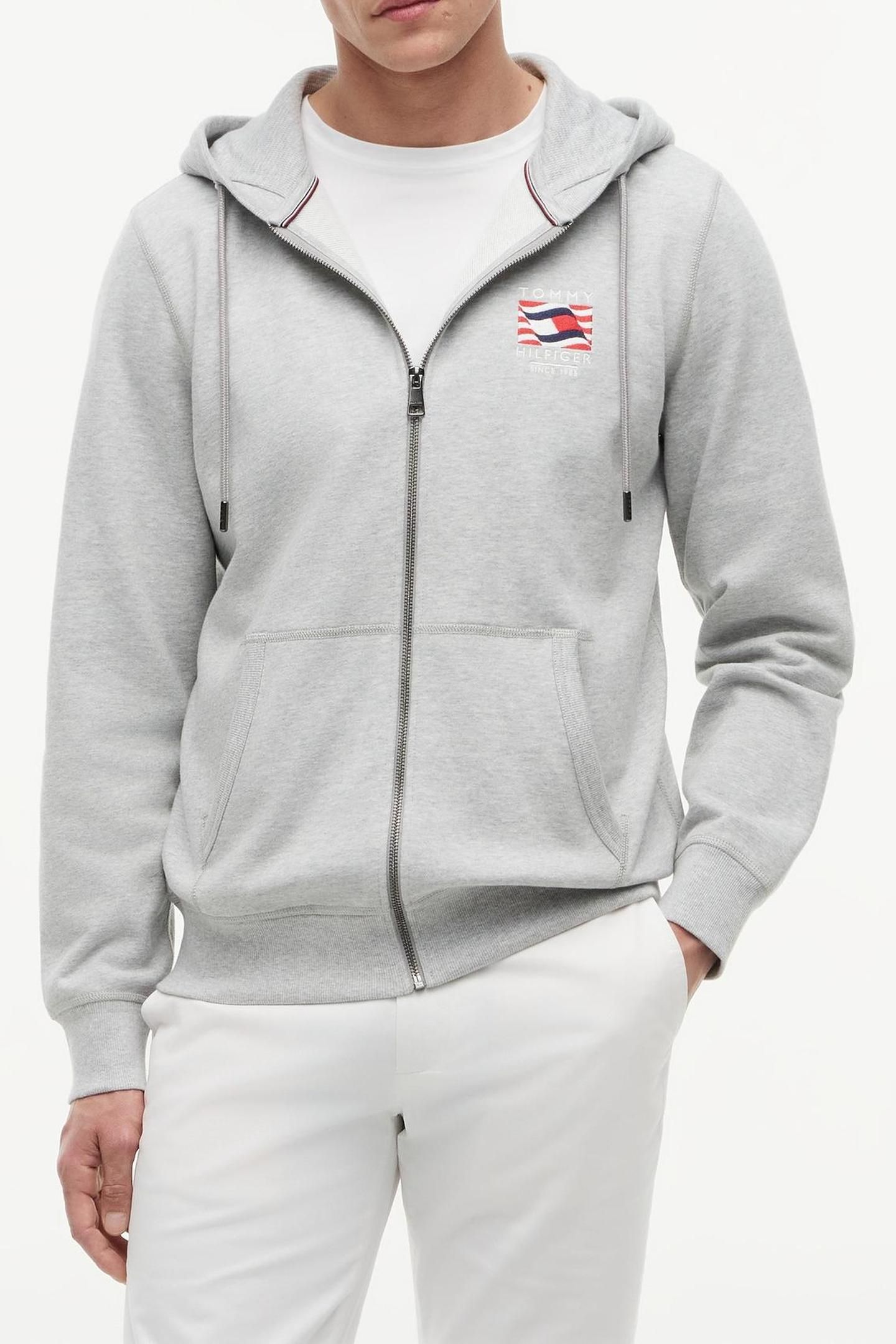FLAG EMBROIDERY FRENCH TERRY ZIP-THRU HOODY LIGHT GREY HEATH 1