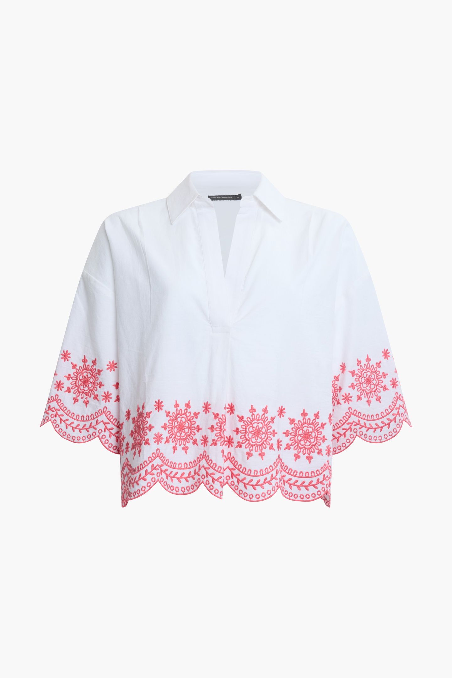 EMB HEM S/S COTTON POPOVER WHITE/RASPBERRY PINK 4
