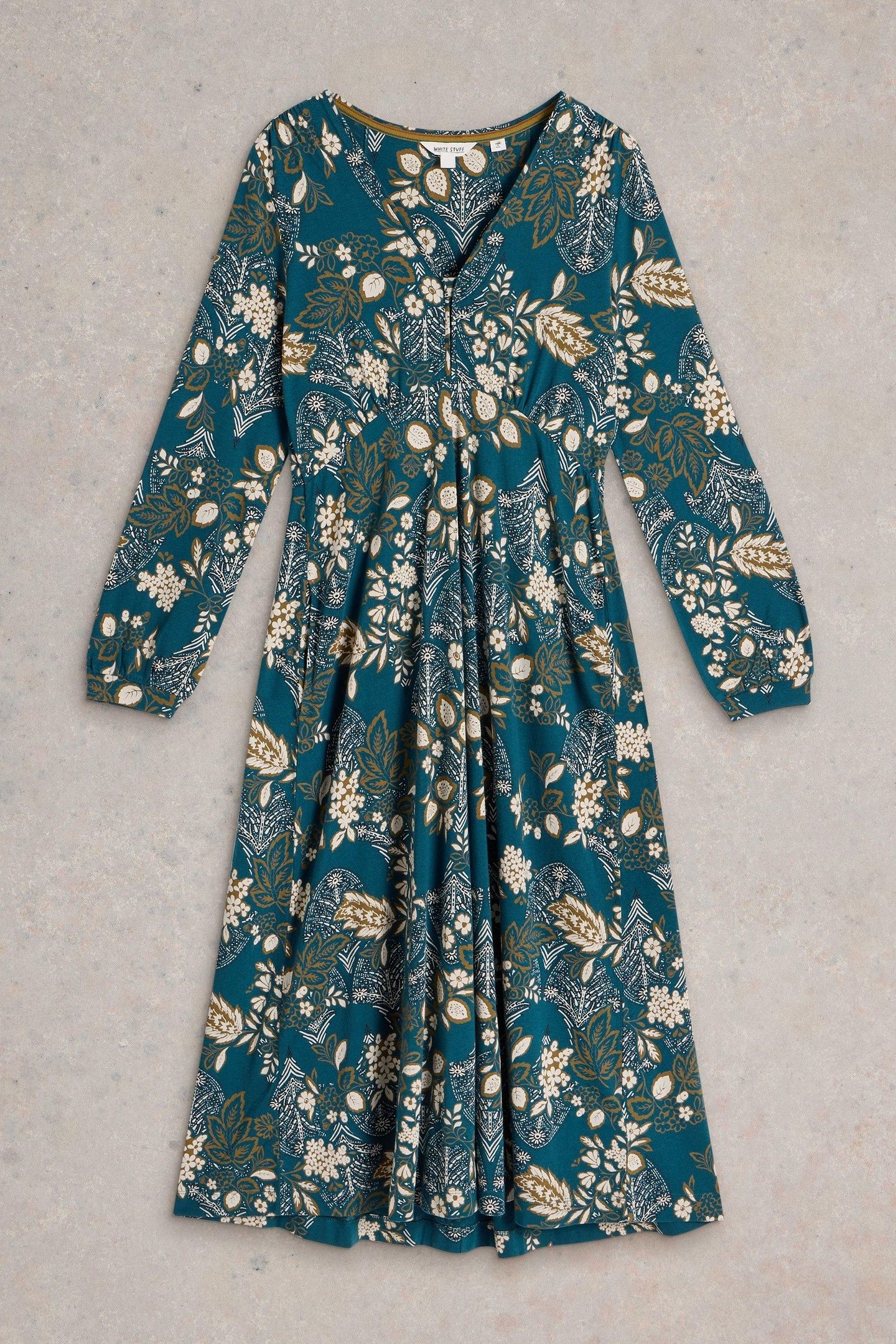 MEGAN JERSEY MIDI DRESS TEAL PRINT 4