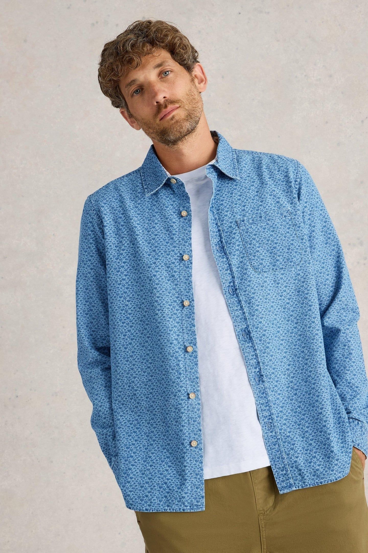 LEAF PRINTED LS SHIRT CHAMBRAY BLUE 7