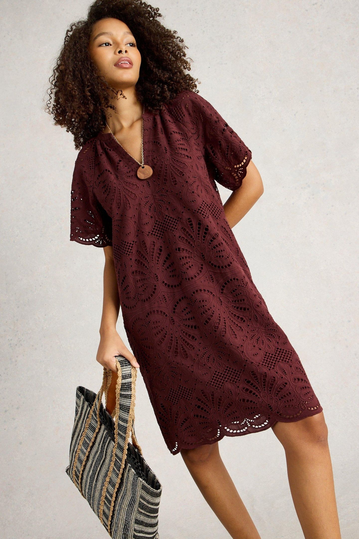 LINDSAY BRODERIE DRESS DARK RED 1