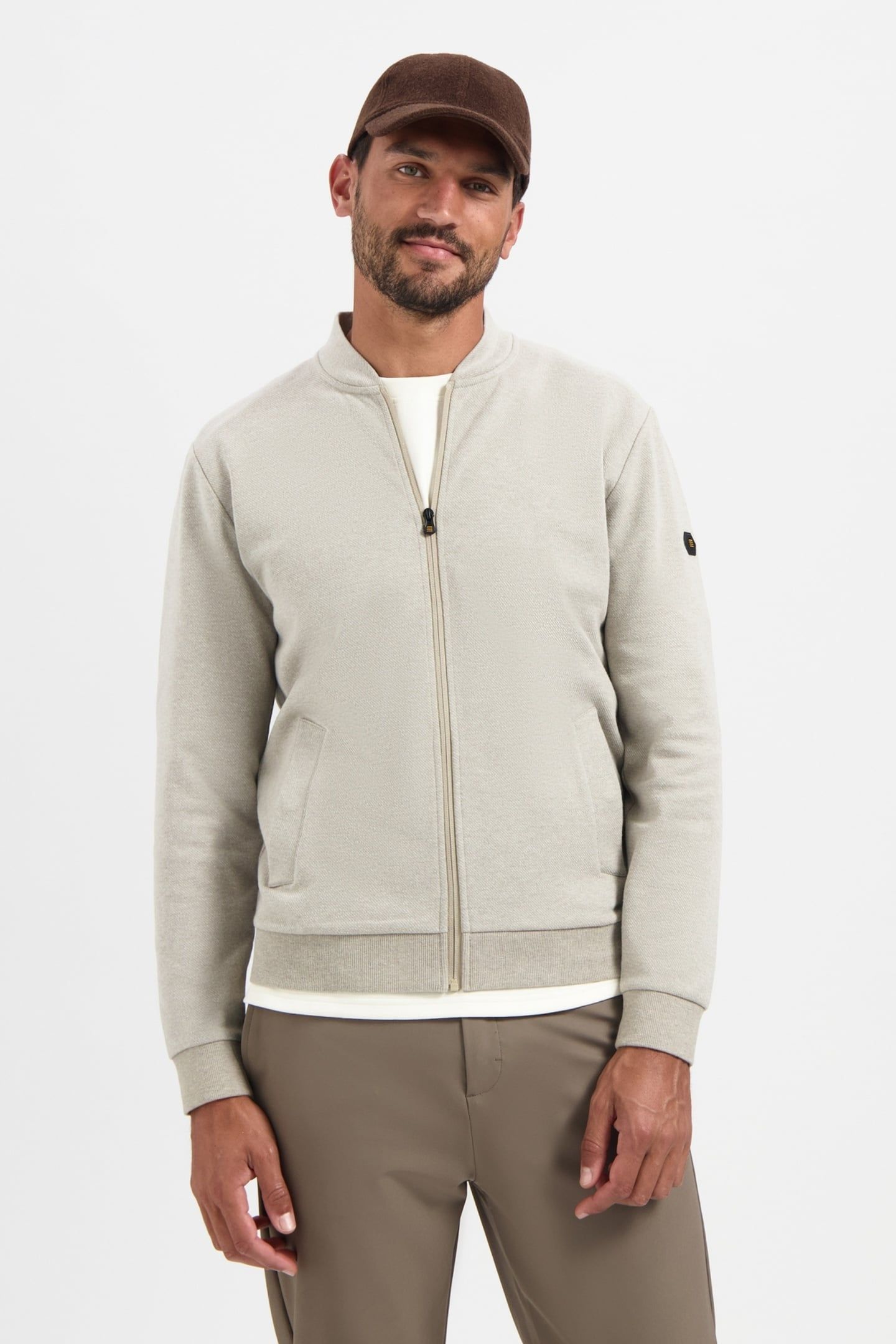 SWEATER FULL ZIP COLLEGE COLLAR TWILL RELIEF SAND 1