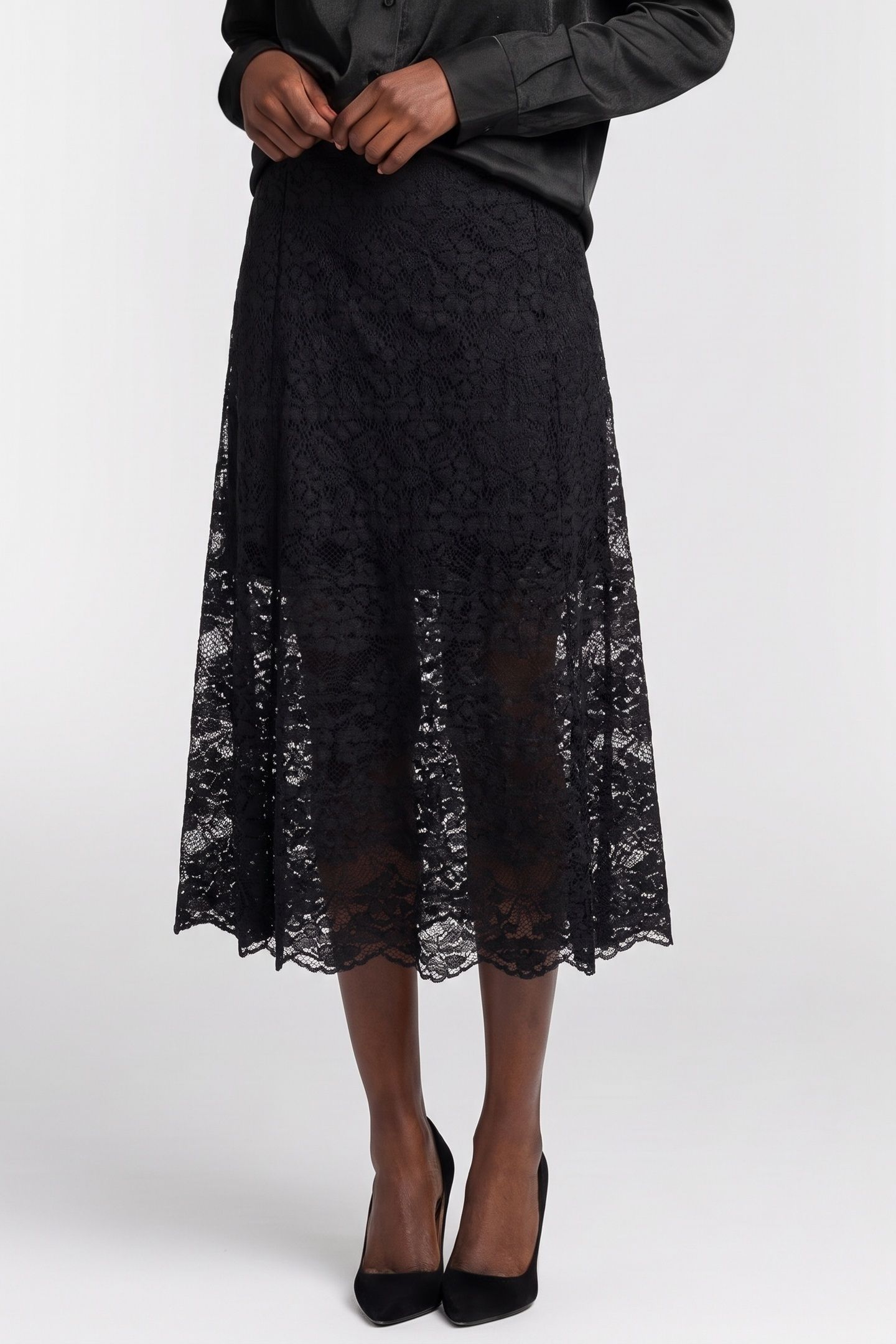LONG STRETCH LACE SKIRT BLACK 1