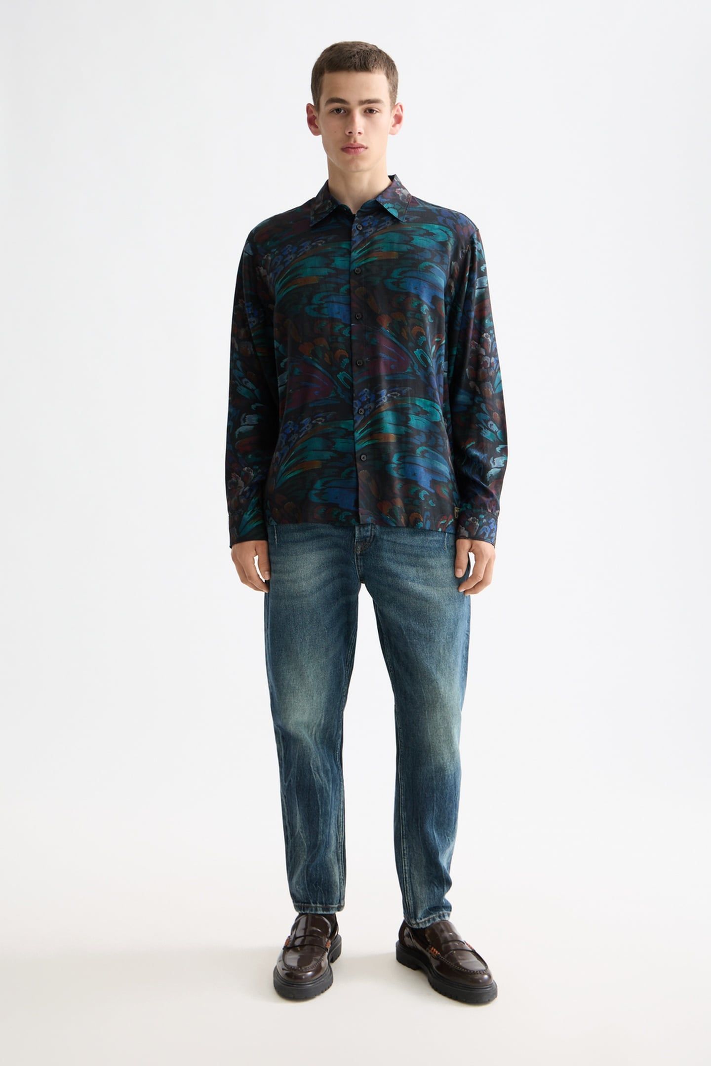PRINTED RELAXED-FIT SHIRT INK BLUE FEATHERS AOP 1