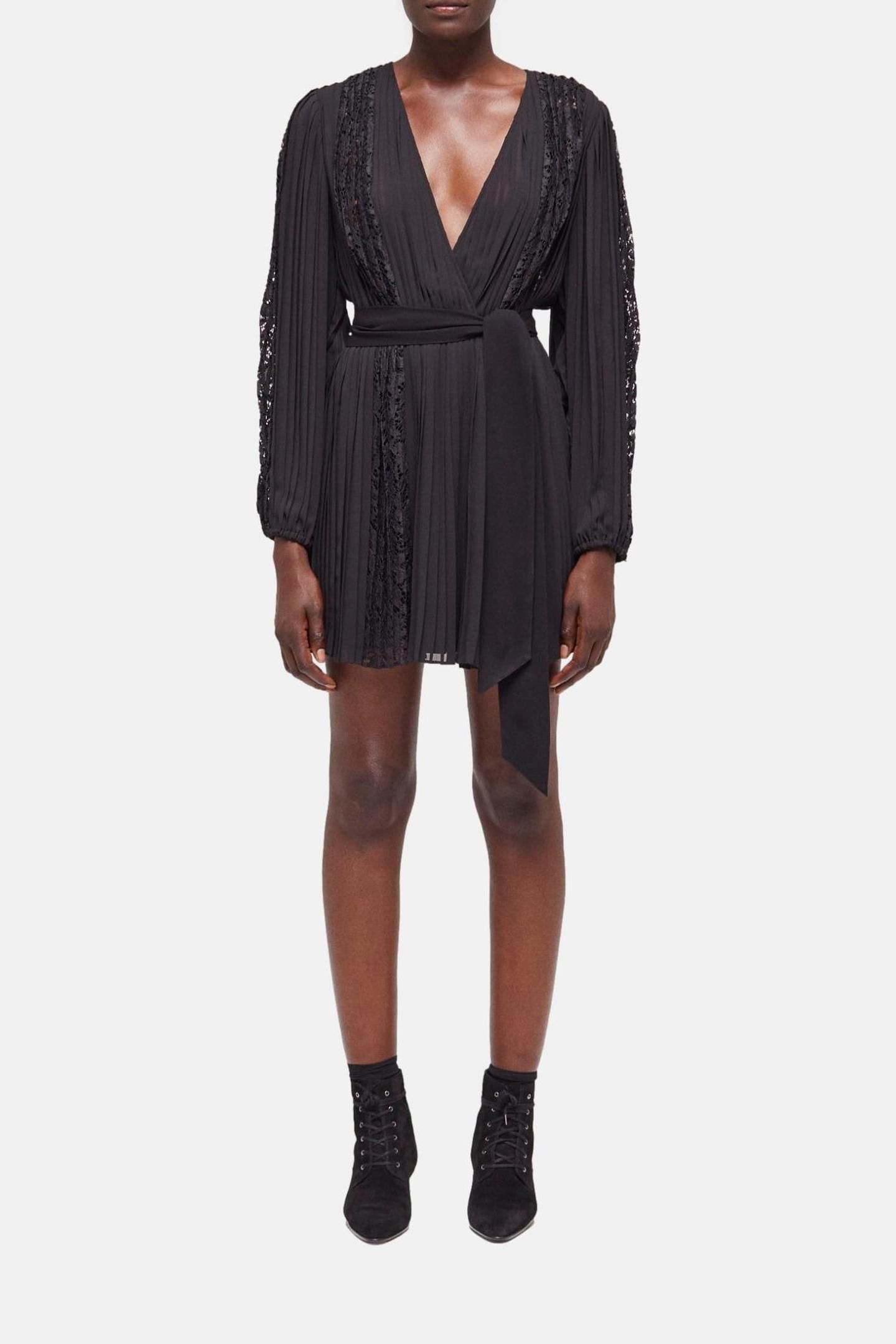 SHORT DRESS WITH LONG SLEEVES, V-NECK, AND LACE INLAY BLACK 1