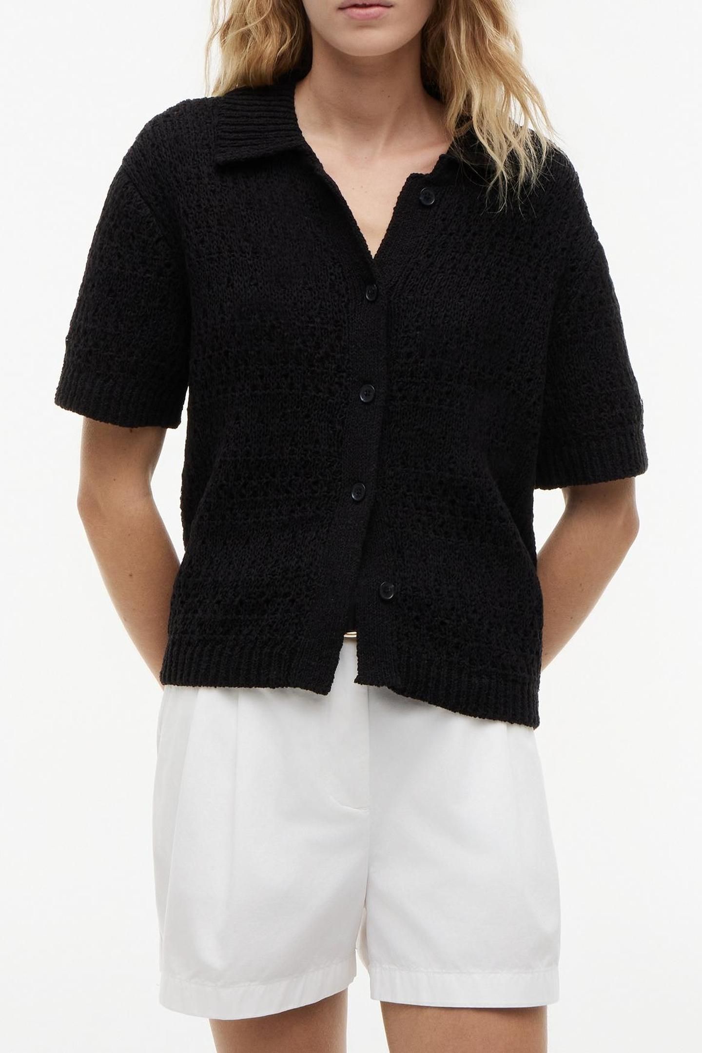 WEAVE POLO RELAXED SHORT SLEEVE CARDIGAN BLACK 2