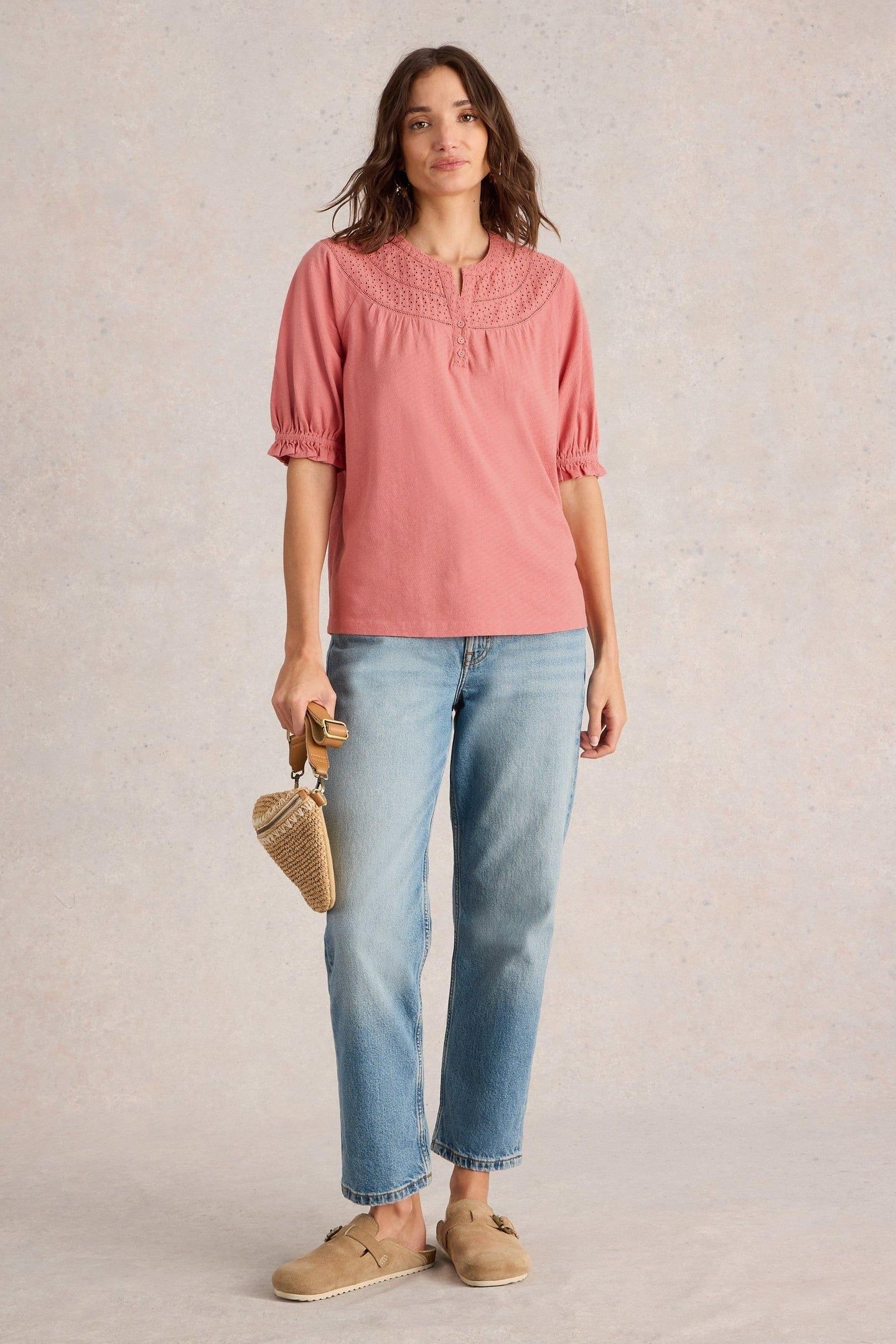 BLAIR BRODERIE NECK TOP MID PINK 1