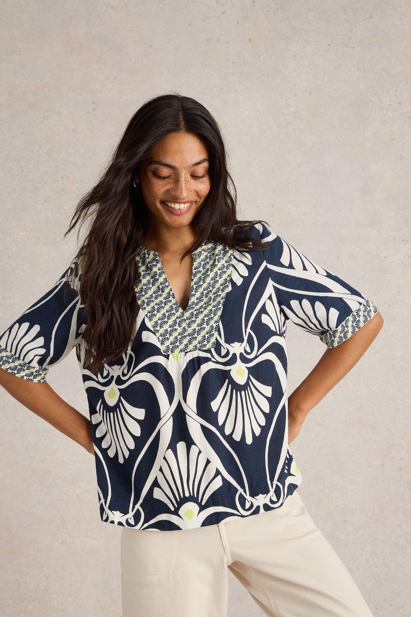 ASH LINEN BLEND TOP NAVY PRINT 1