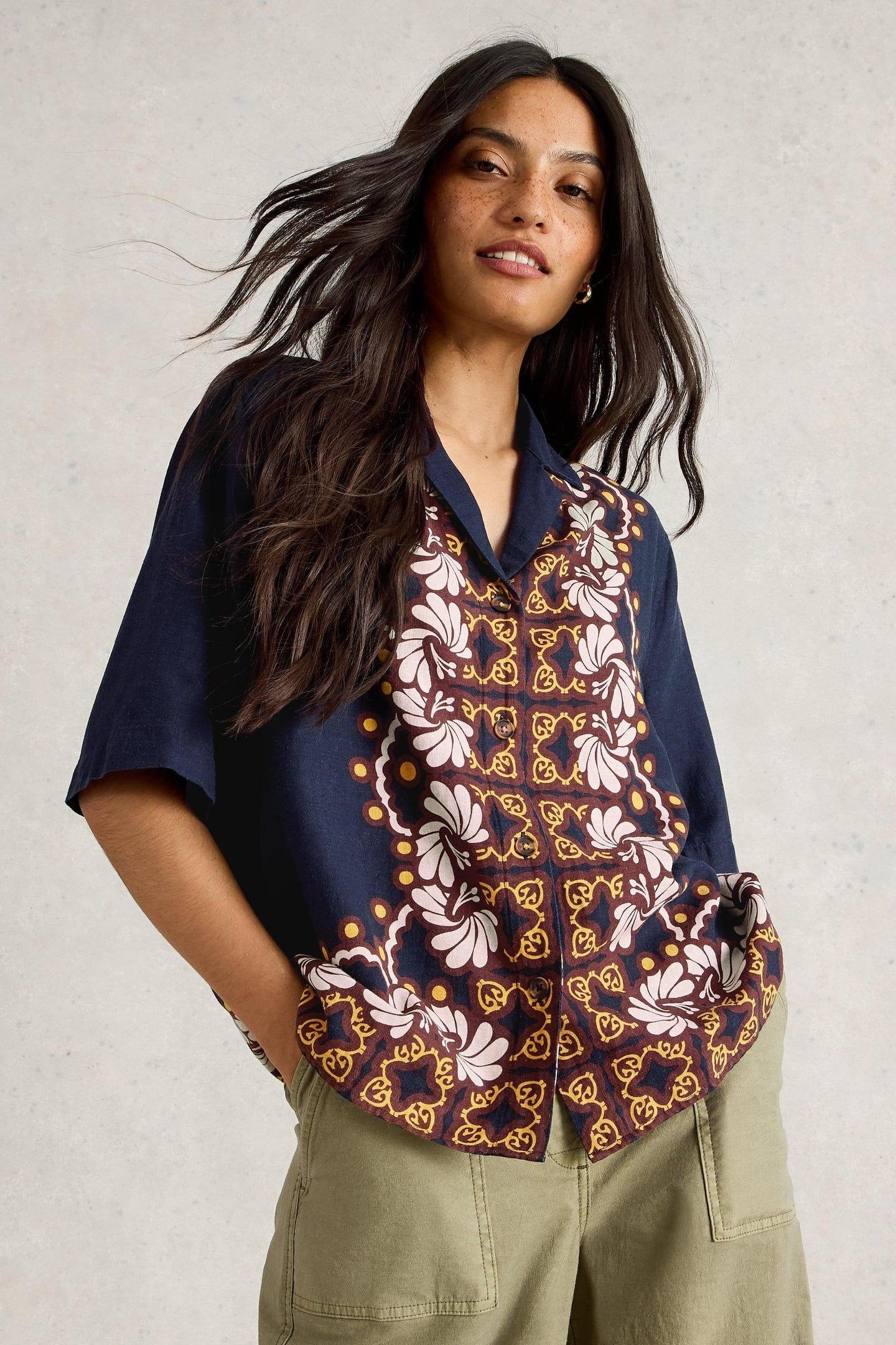 BELLA LINEN BLEND RESORT SHIRT NAVY MULTI 2