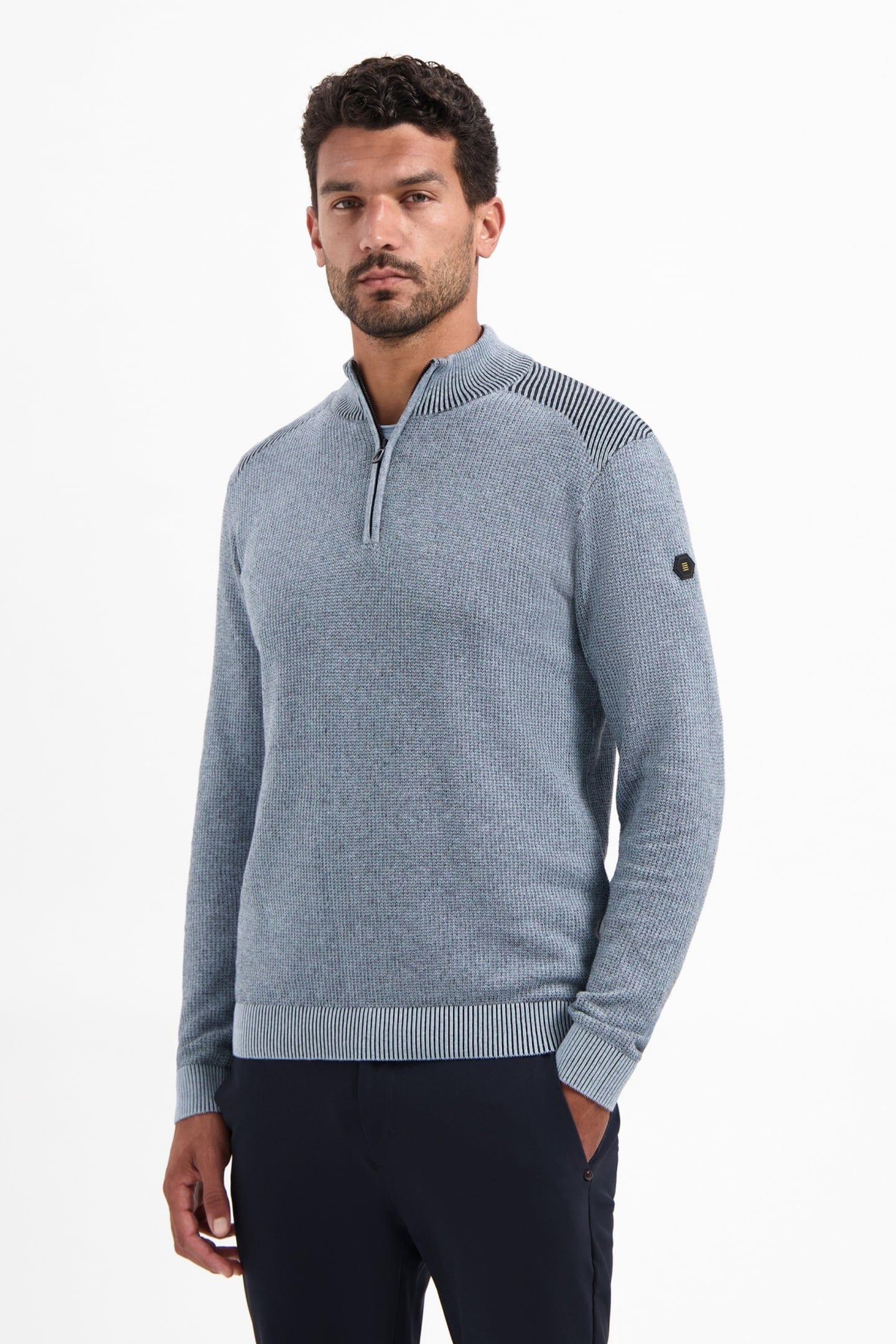 PULLOVER HALF ZIP PLATED STRUCTURE KNIT DUSTY BLUE 1