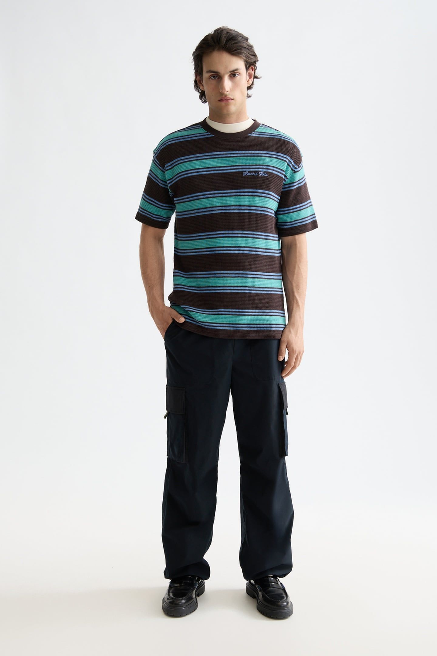 RELAXED FIT CHUNKY WAFFLE STRIPE T-SHIRT DARK BROWN MULTI ST 1