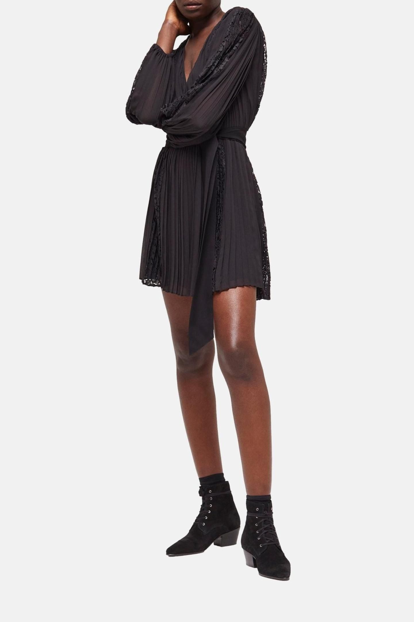 SHORT DRESS WITH LONG SLEEVES, V-NECK, AND LACE INLAY BLACK 2