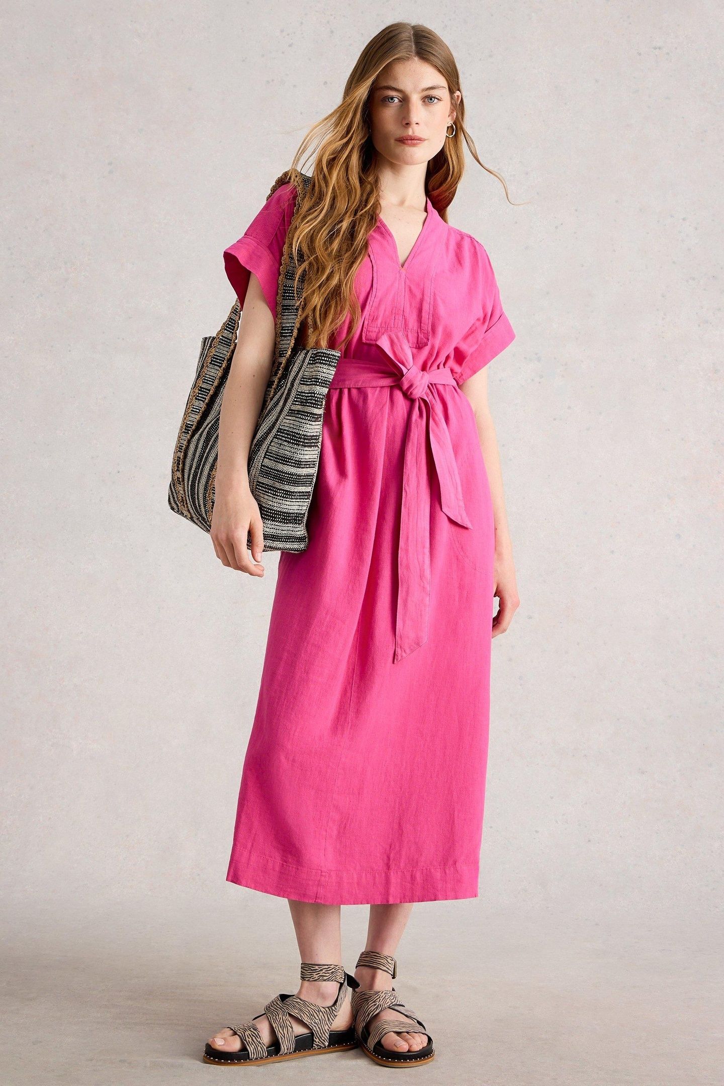 MARIANNE LINEN BLEND DRESS BRIGHT PINK 2