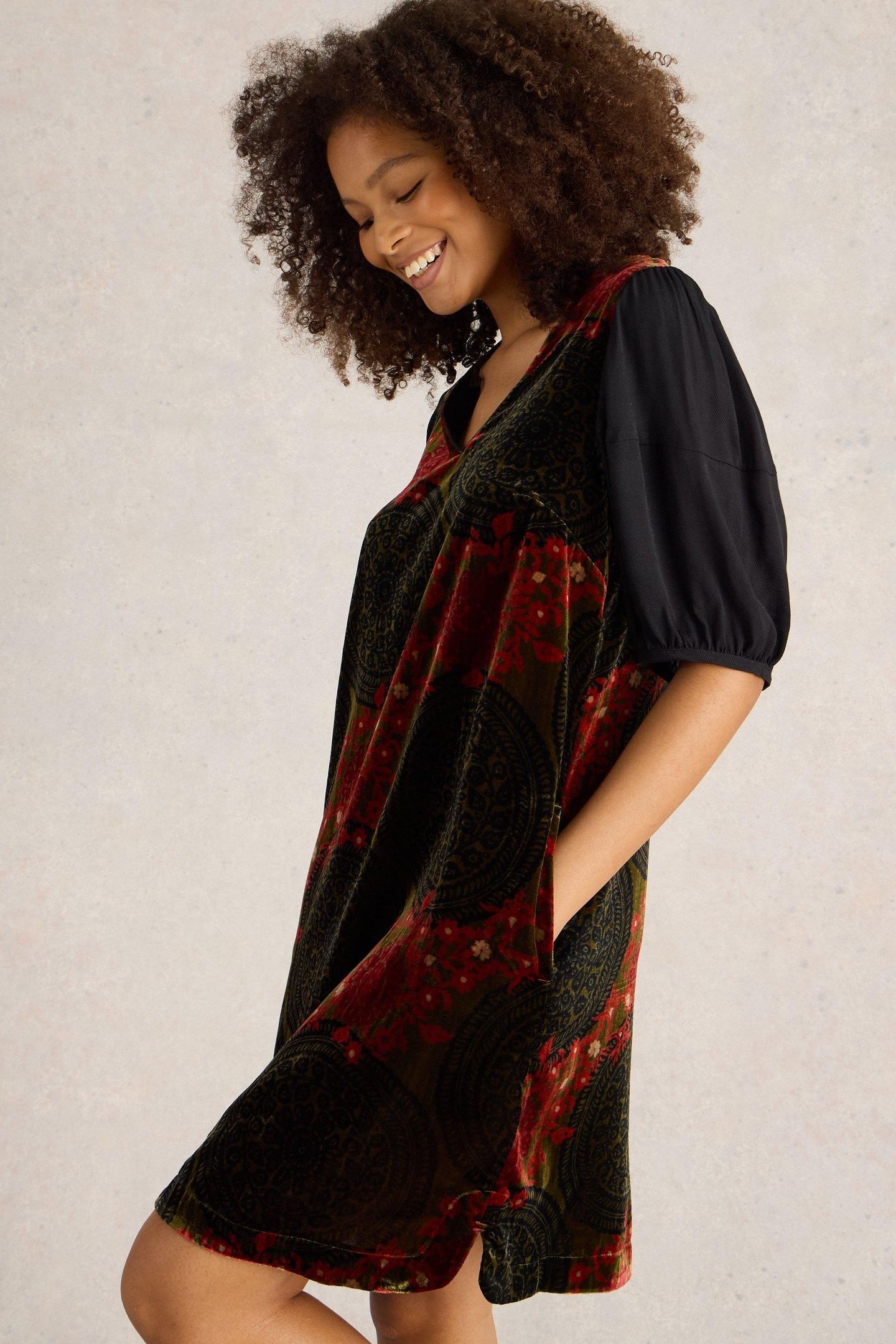 CLEO VELVET MIX DRESS GREEN PRINT 1