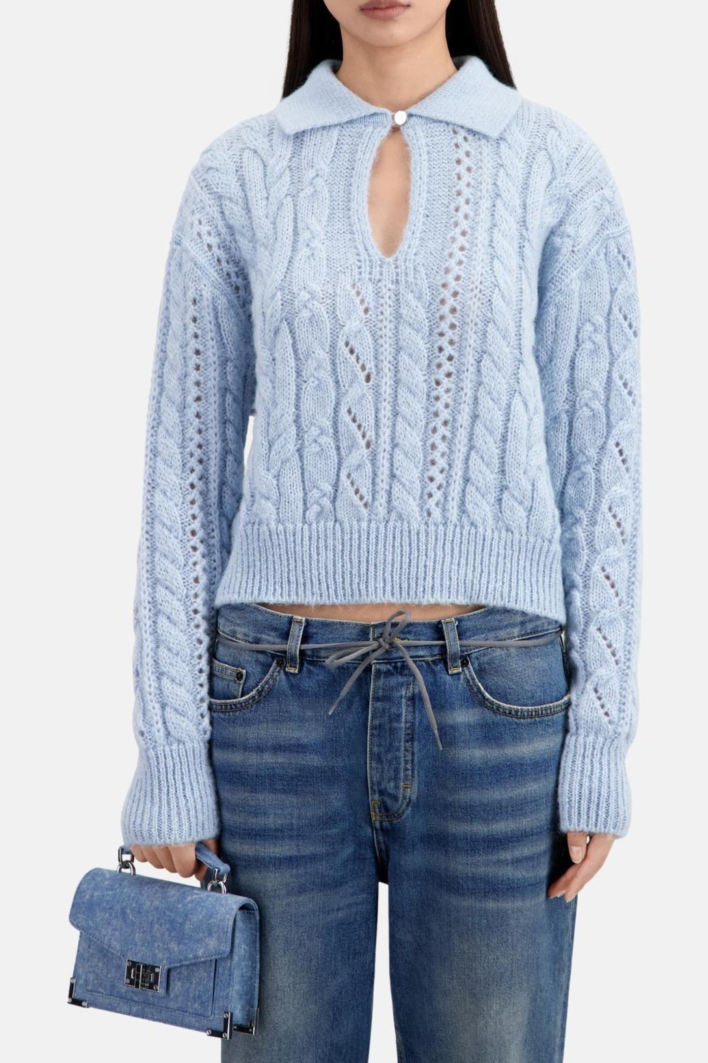 CABLE-STRANDED PACKED NECK SWEATER BLUE 1