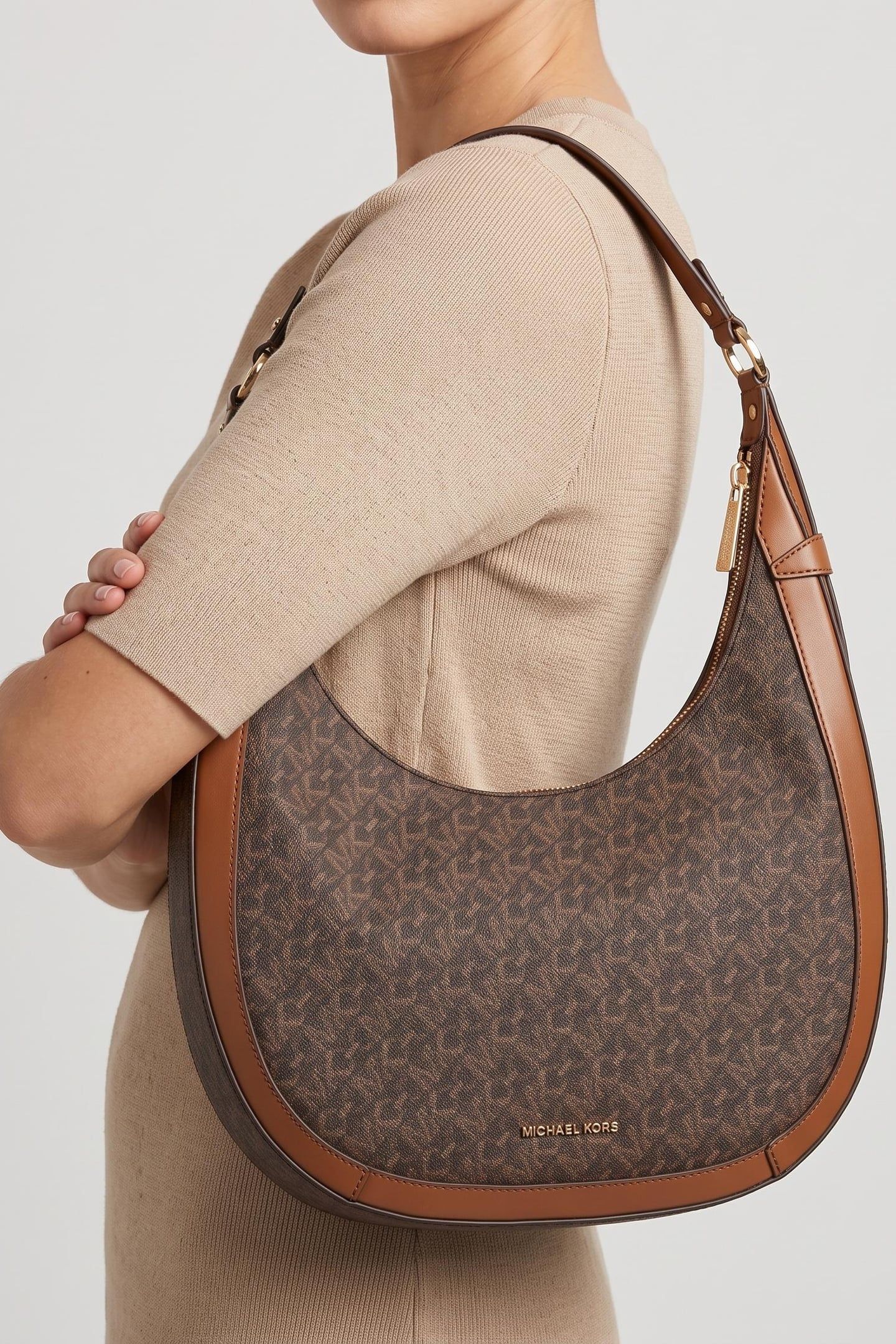 LARGE CRESCENT TOP ZIP HOBO SHOULDER BRN/LUGGAGE 1