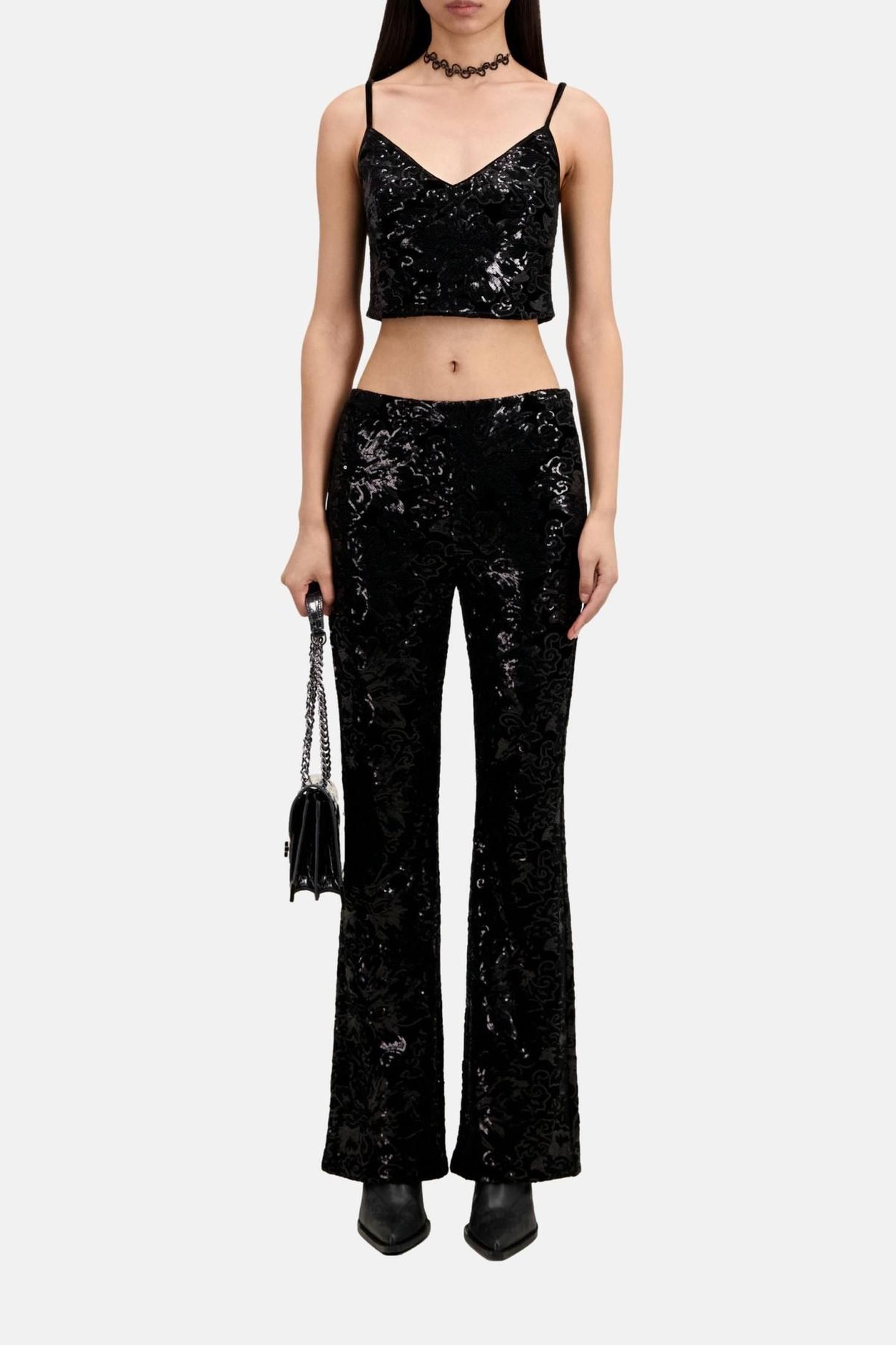 EMBROIDERED SEQUINED VELVET TROUSERS BLACK 1