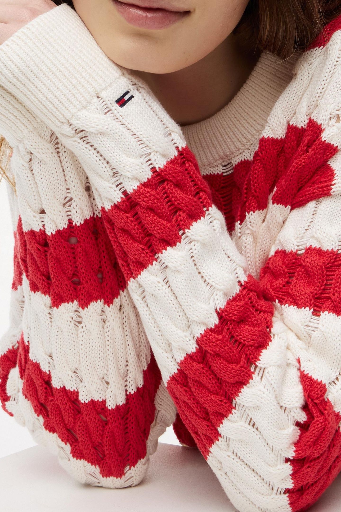 LOOSE CABLE SWEATER AMARYLLIS RED/STRIPE 5