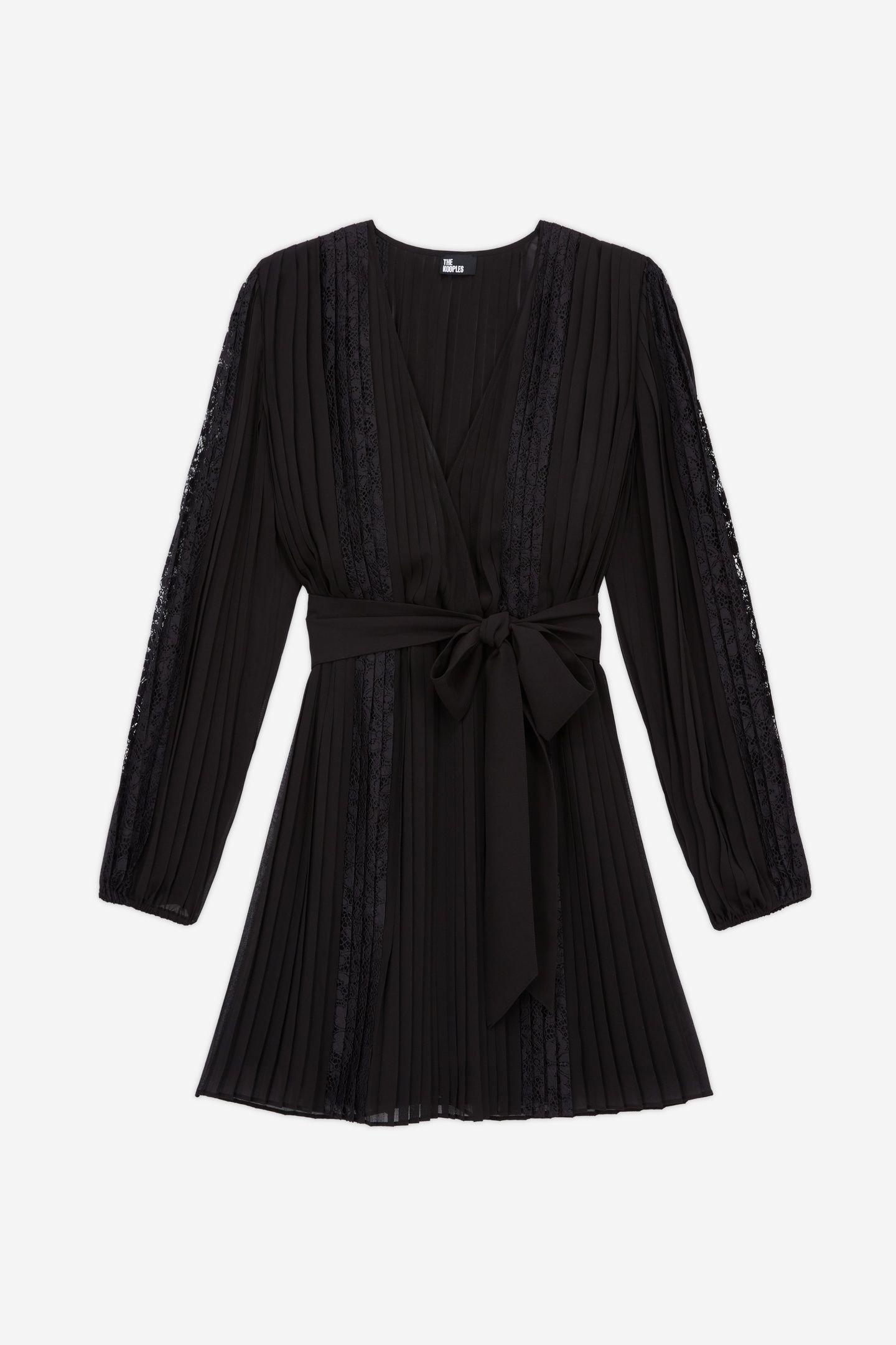 SHORT DRESS WITH LONG SLEEVES, V-NECK, AND LACE INLAY BLACK 4