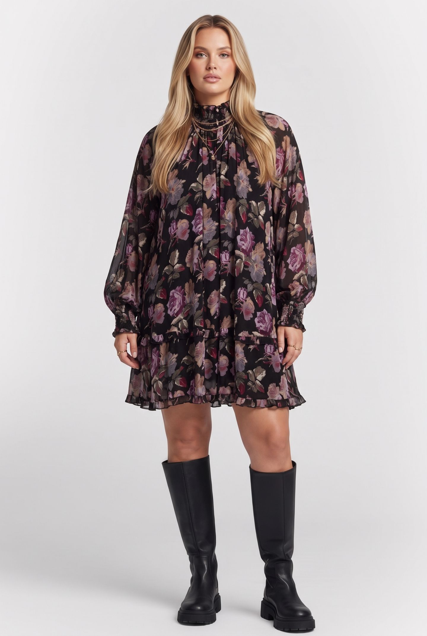 SHORT BABYDOLL DRESS WITH LONG SLEEVES BLACK / PURPLE 1