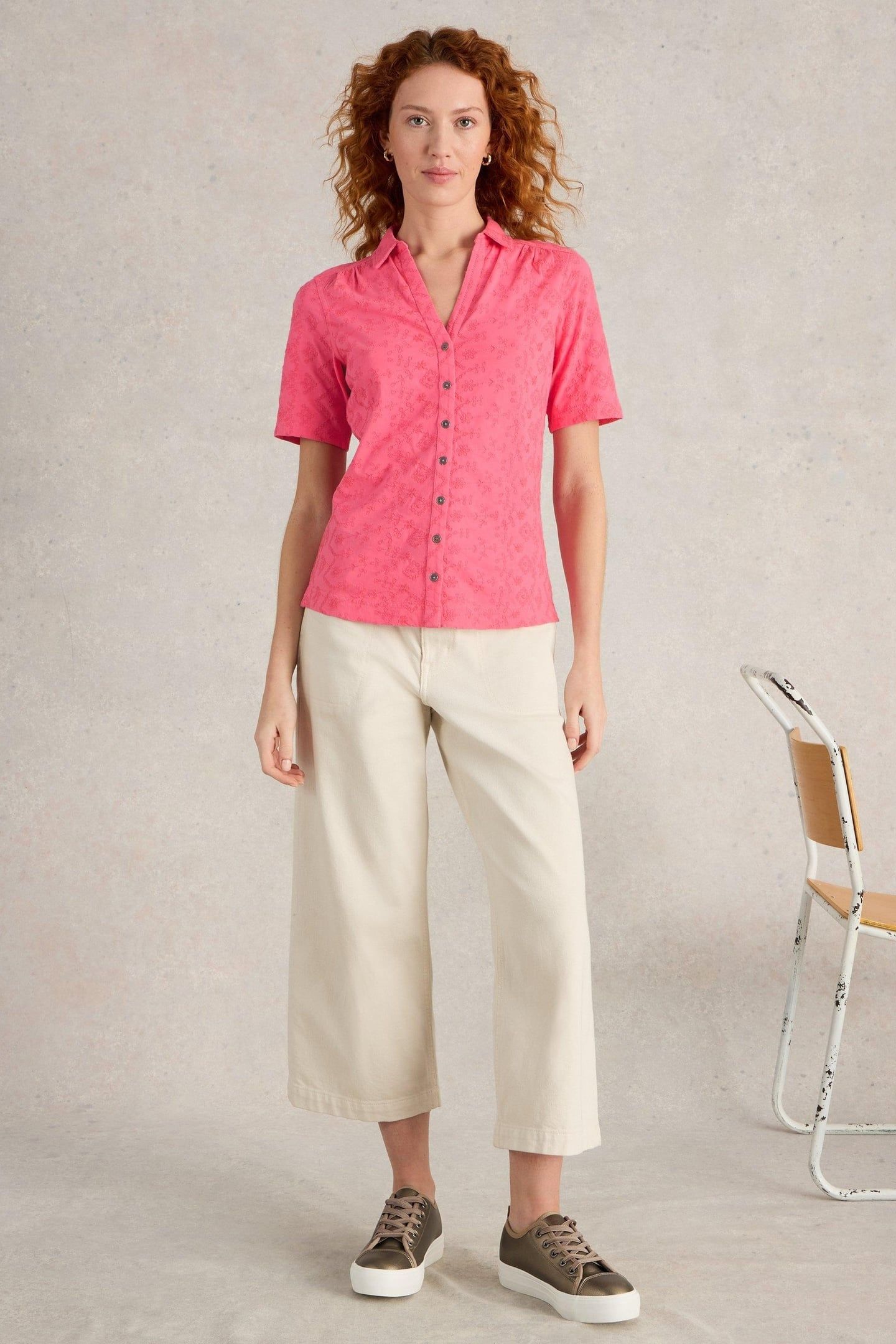 ANNIE SS BRODERIE SHIRT BRIGHT PINK 1