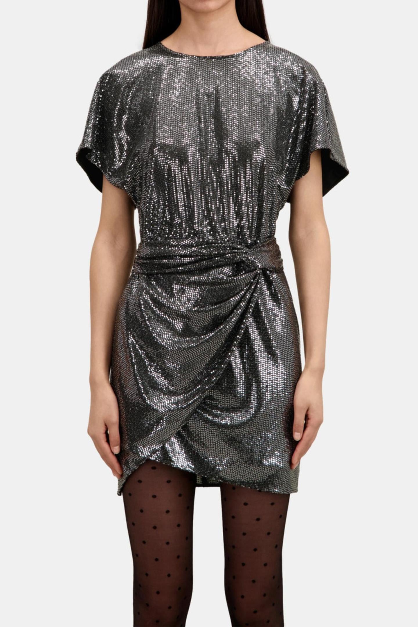 SHORT DRAPED DRESS WITH SEQUINED KIMONO SLEEVES SILVER 1