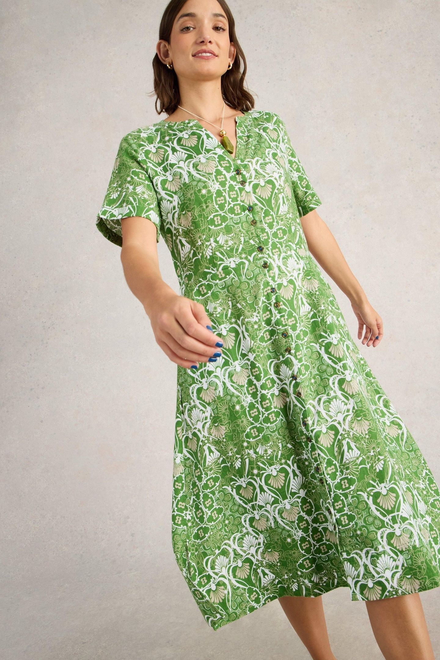 IRIS LINEN DRESS GREEN PRINT 2