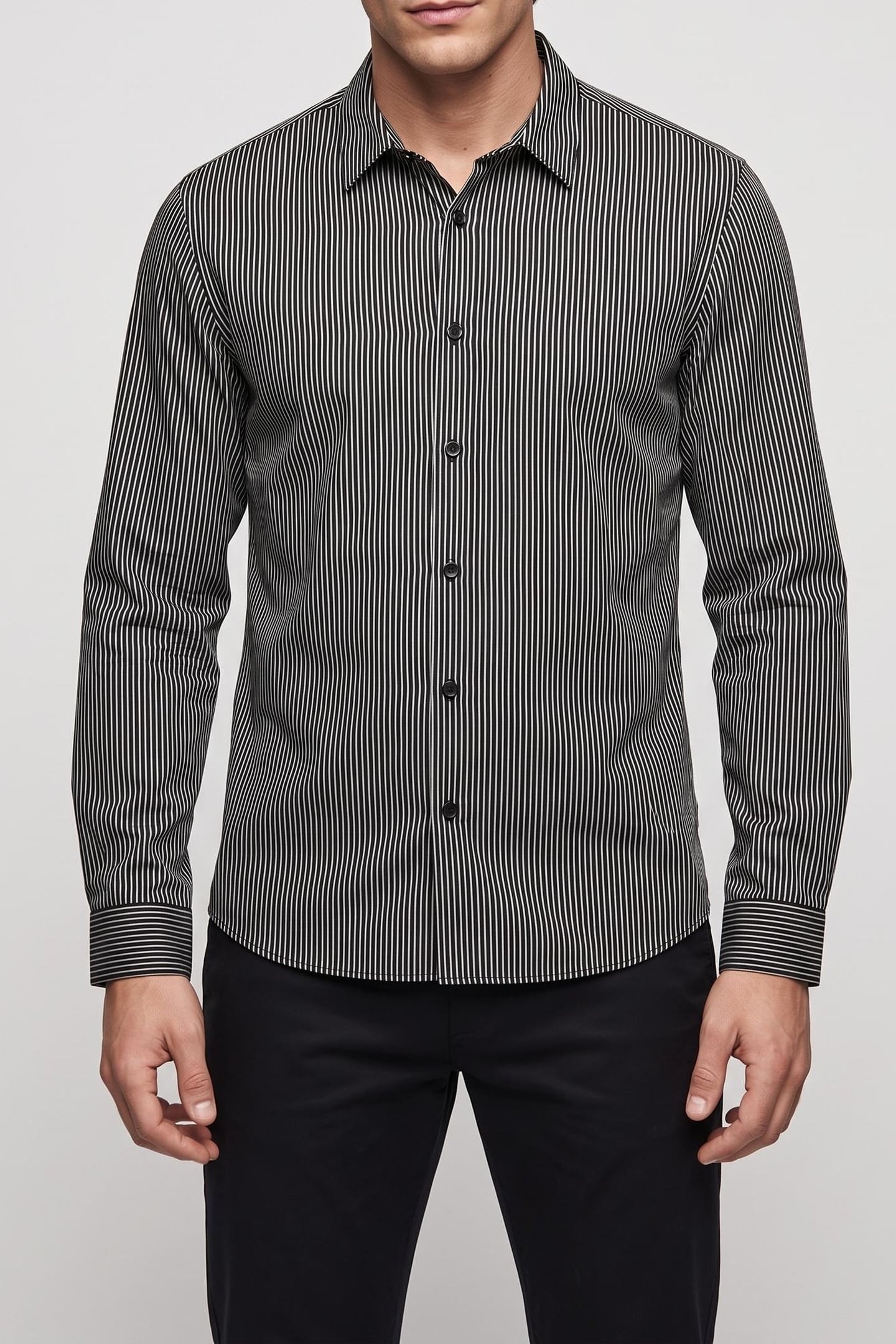 LONG-SLEEVED SHIRT WITH MICRO-STRIPES BLACK WHITE 1