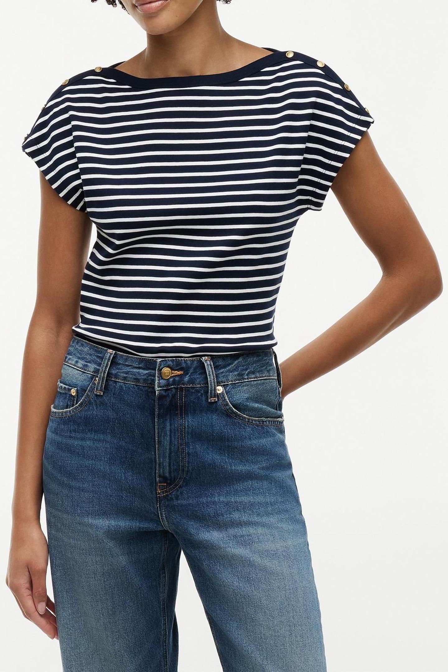 GOLD-TONE BUTTON BOAT NECK T-SHIRT BRETON DARK NIGHT NAVY/CA 1