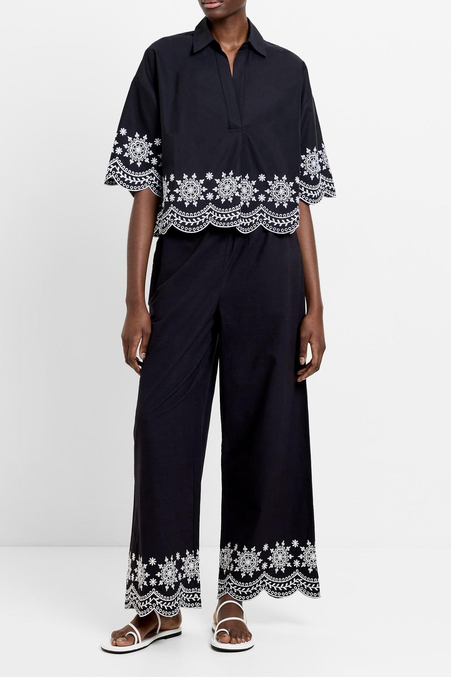 EMB HEM S/S COTTON POPOVER BLACK/WHITE 1