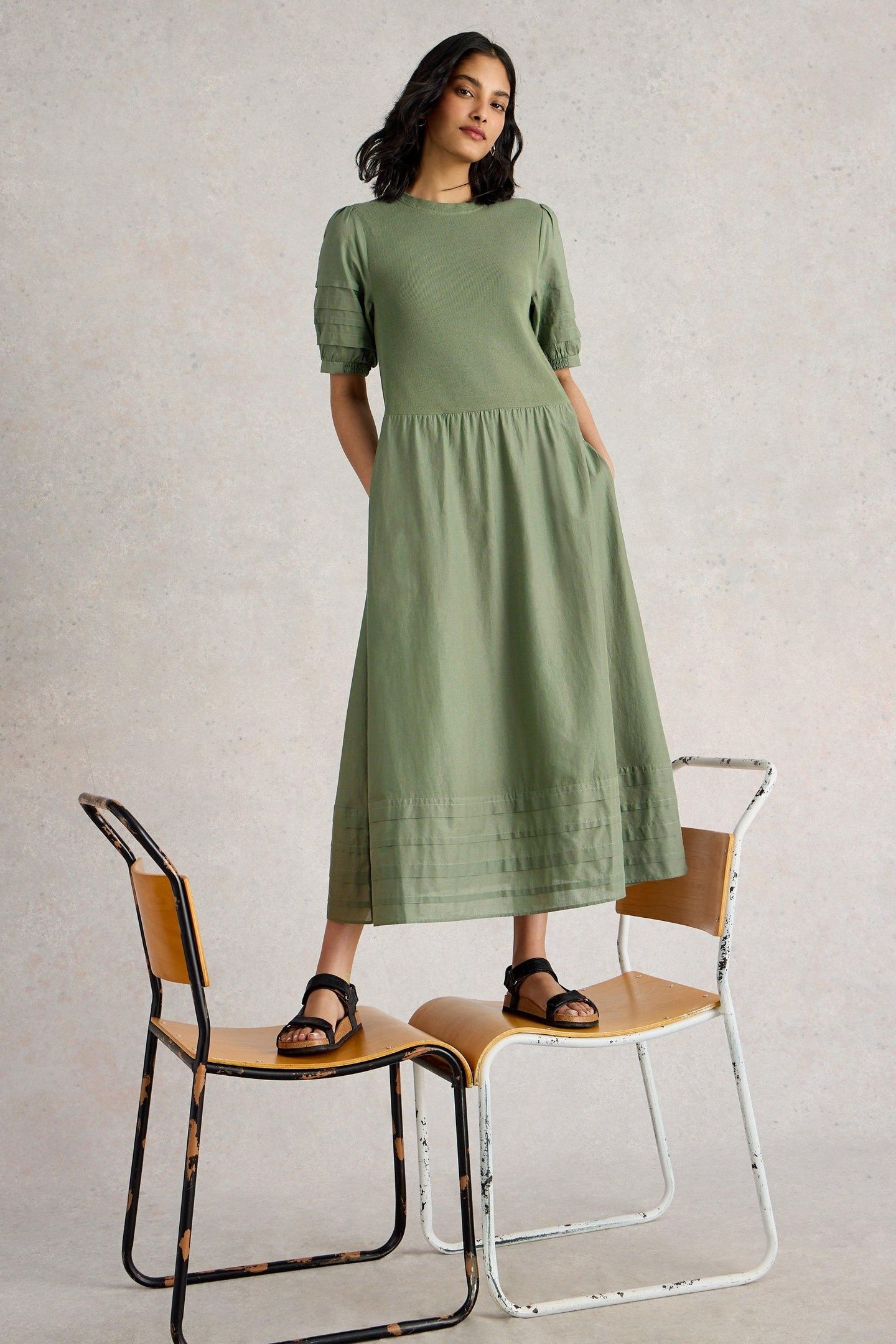 CLAUDIA FABRIC MIX DRESS DUSTY GREEN 7