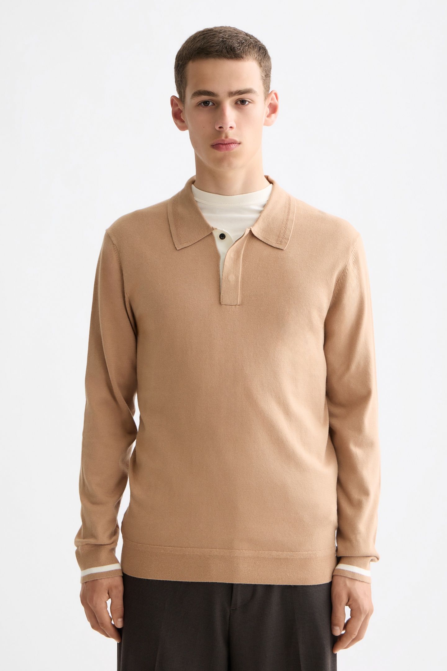 ECOVERO BLEND KNITTED LONG SLEEVE POLO TANNIN 2
