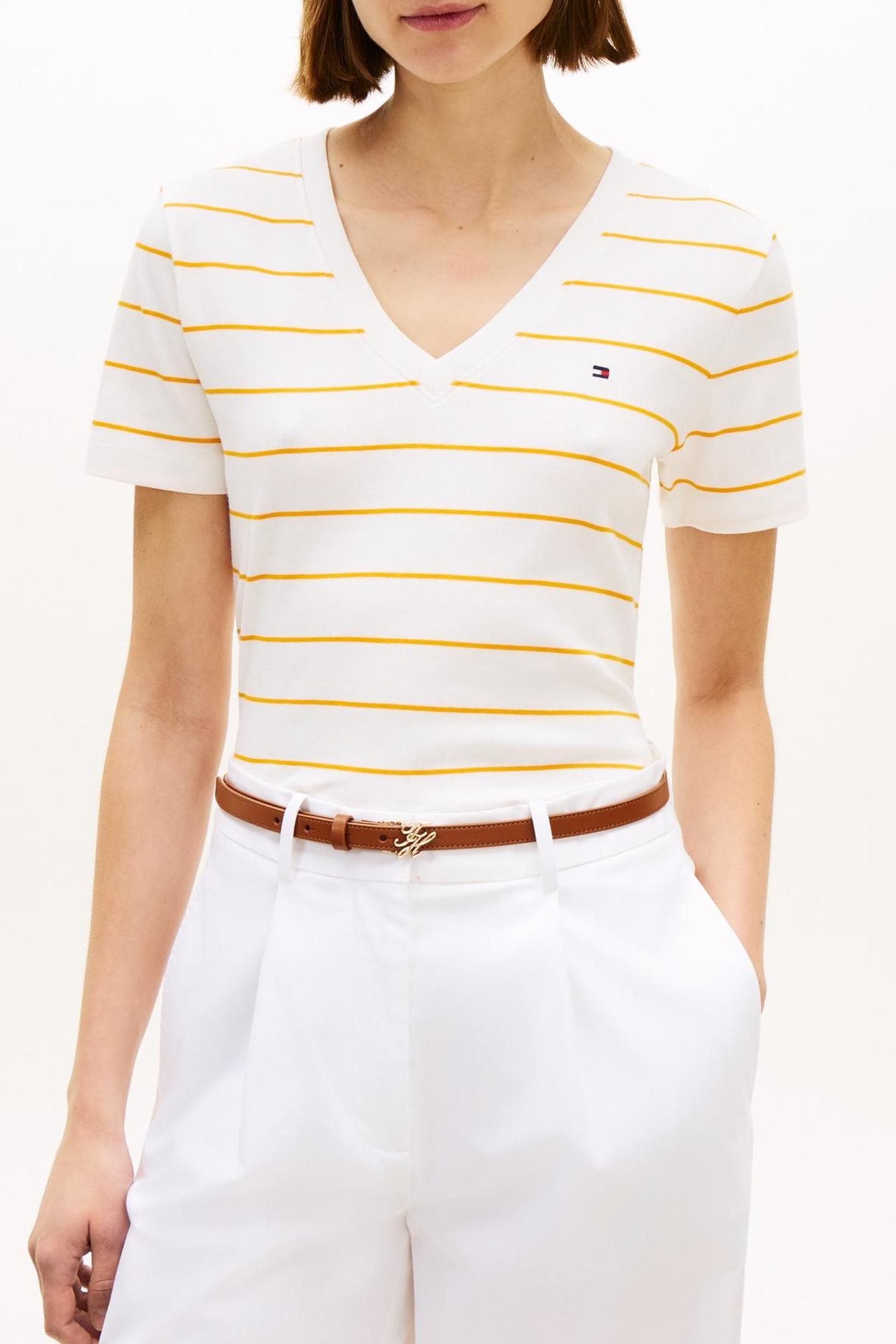 SLIM CODY V-NECK SS FINE ECRU/ORANGE FLASH 1