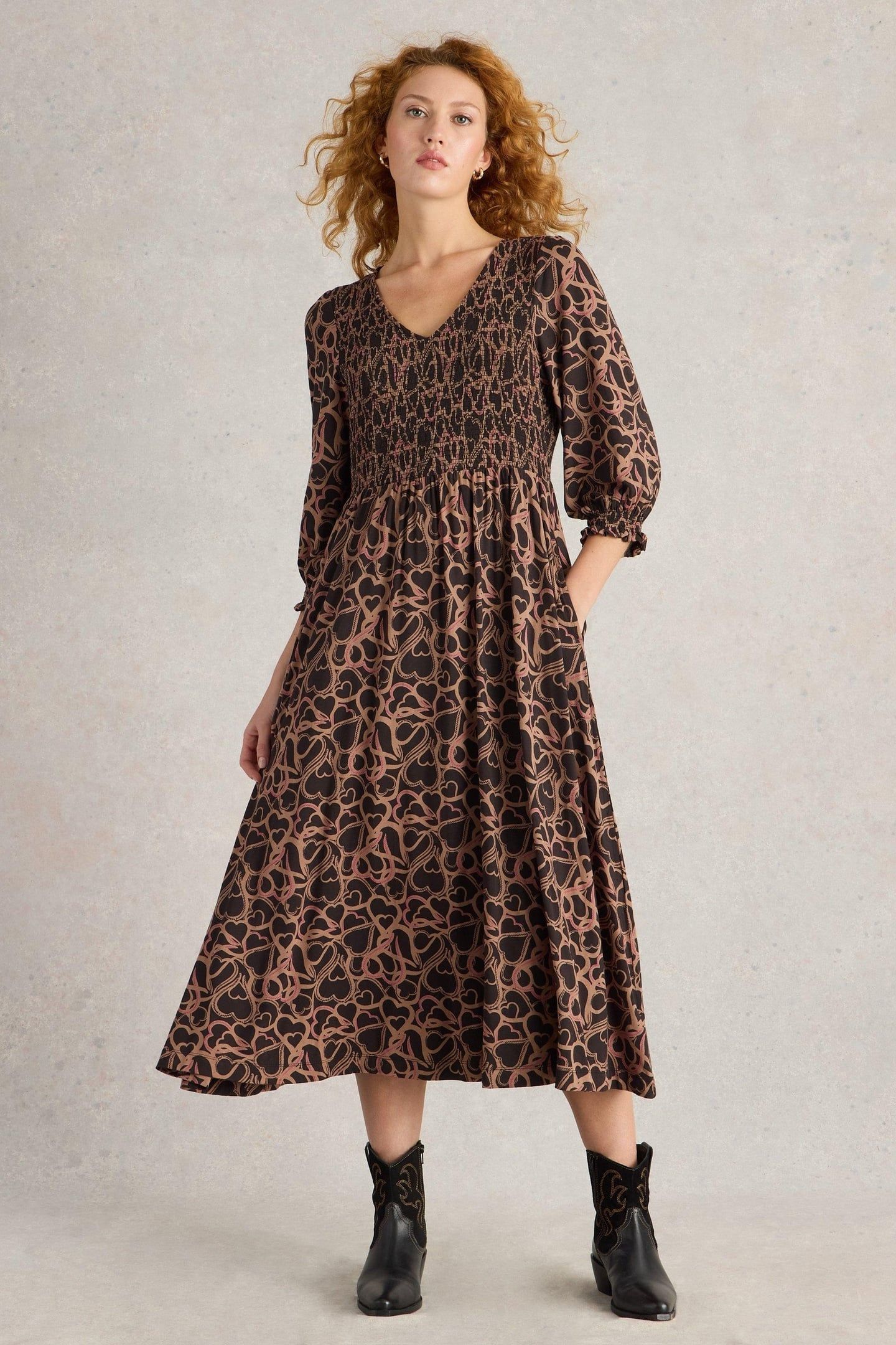 EMILY SHIRRED JERSEY DRESS BLACK PRINT 1