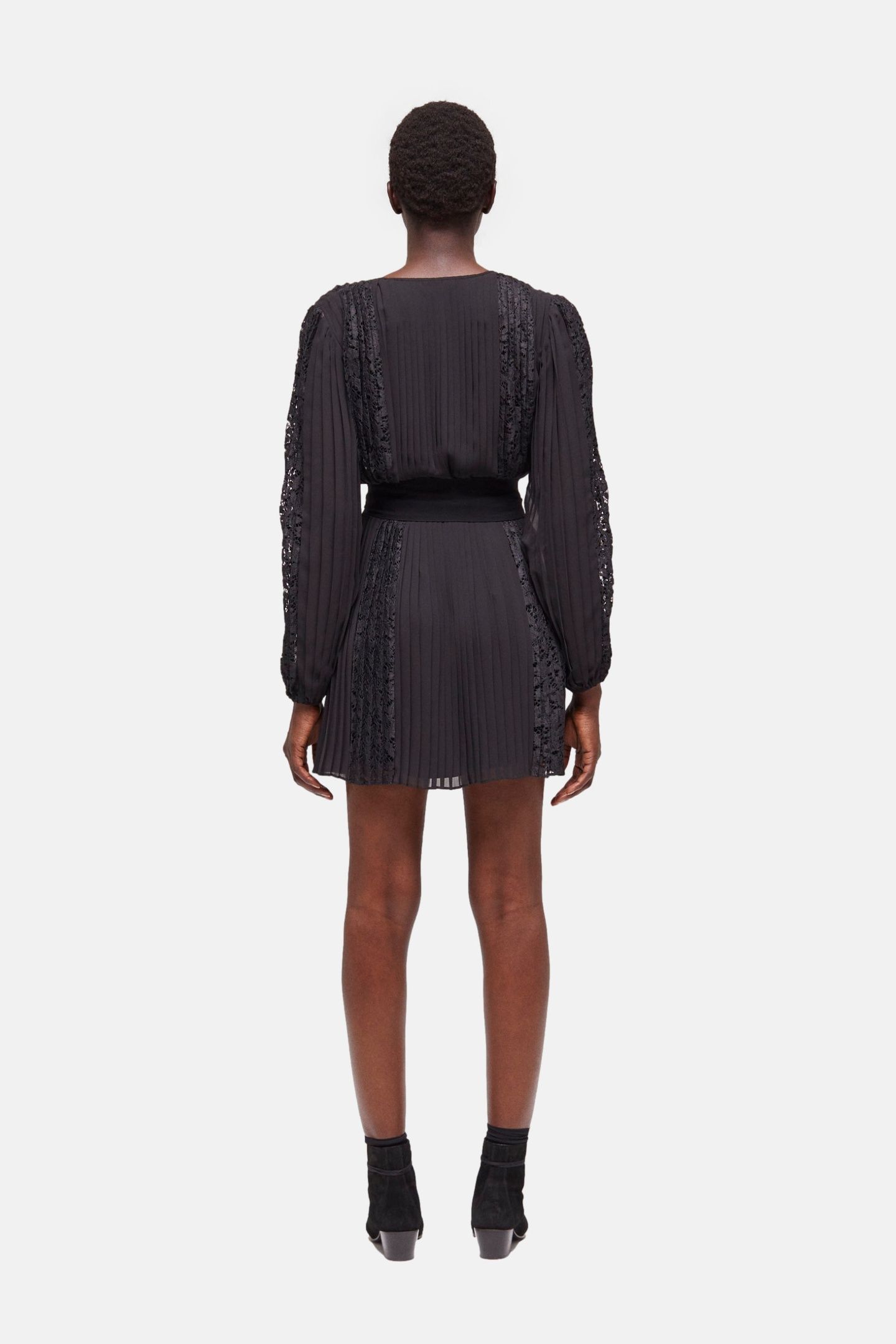 SHORT DRESS WITH LONG SLEEVES, V-NECK, AND LACE INLAY BLACK 3