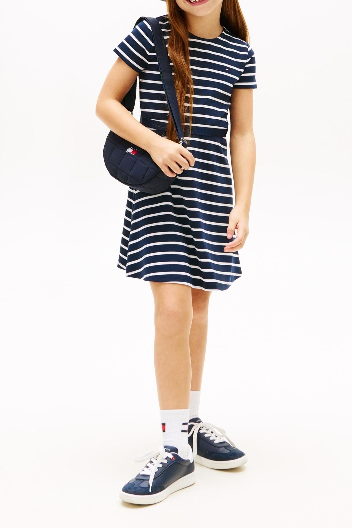 GIRLS ESSENTIAL PUNTO SKATER DRESS DARK NIGHT NAVY STRIPES 1