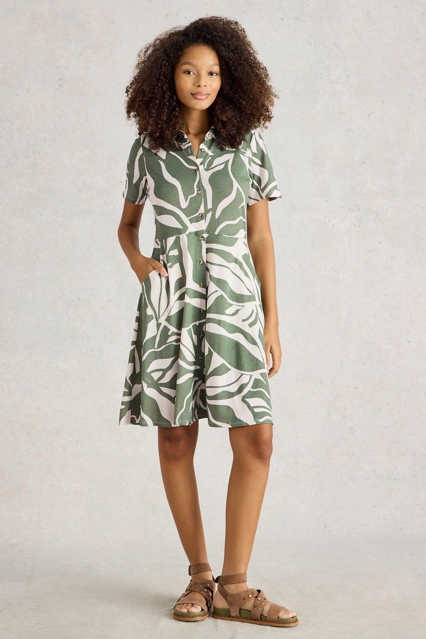 RIA JERSEY SHIRT DRESS GREEN PRINT 1