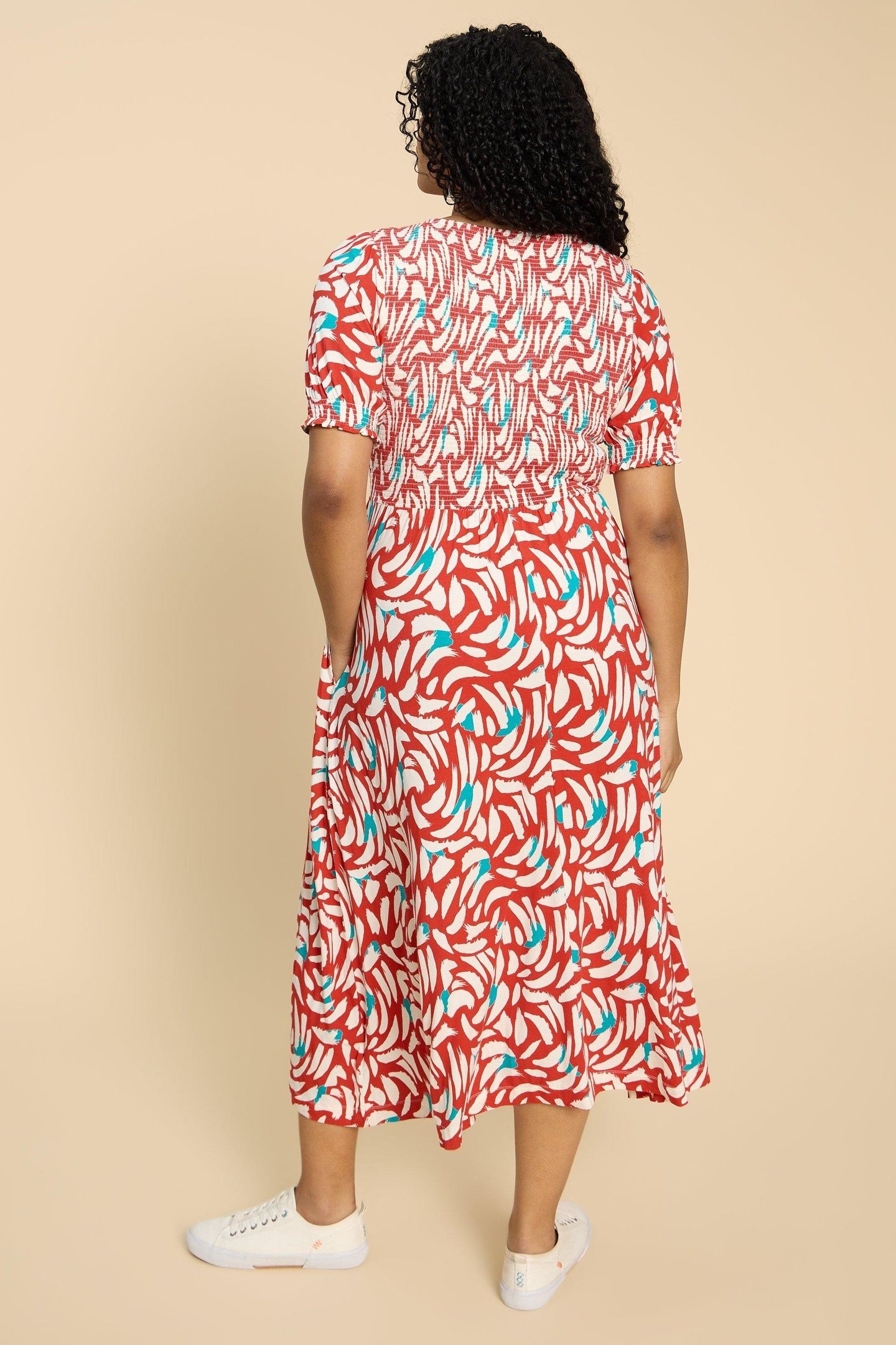 EMILY SHIRRED JERSEY DRESS RED PRINT 4
