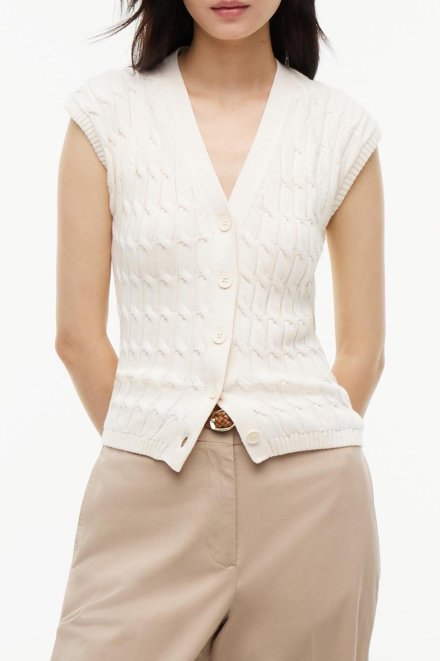 MID CABLE VEST CARDIGAN IVORY PETAL 1