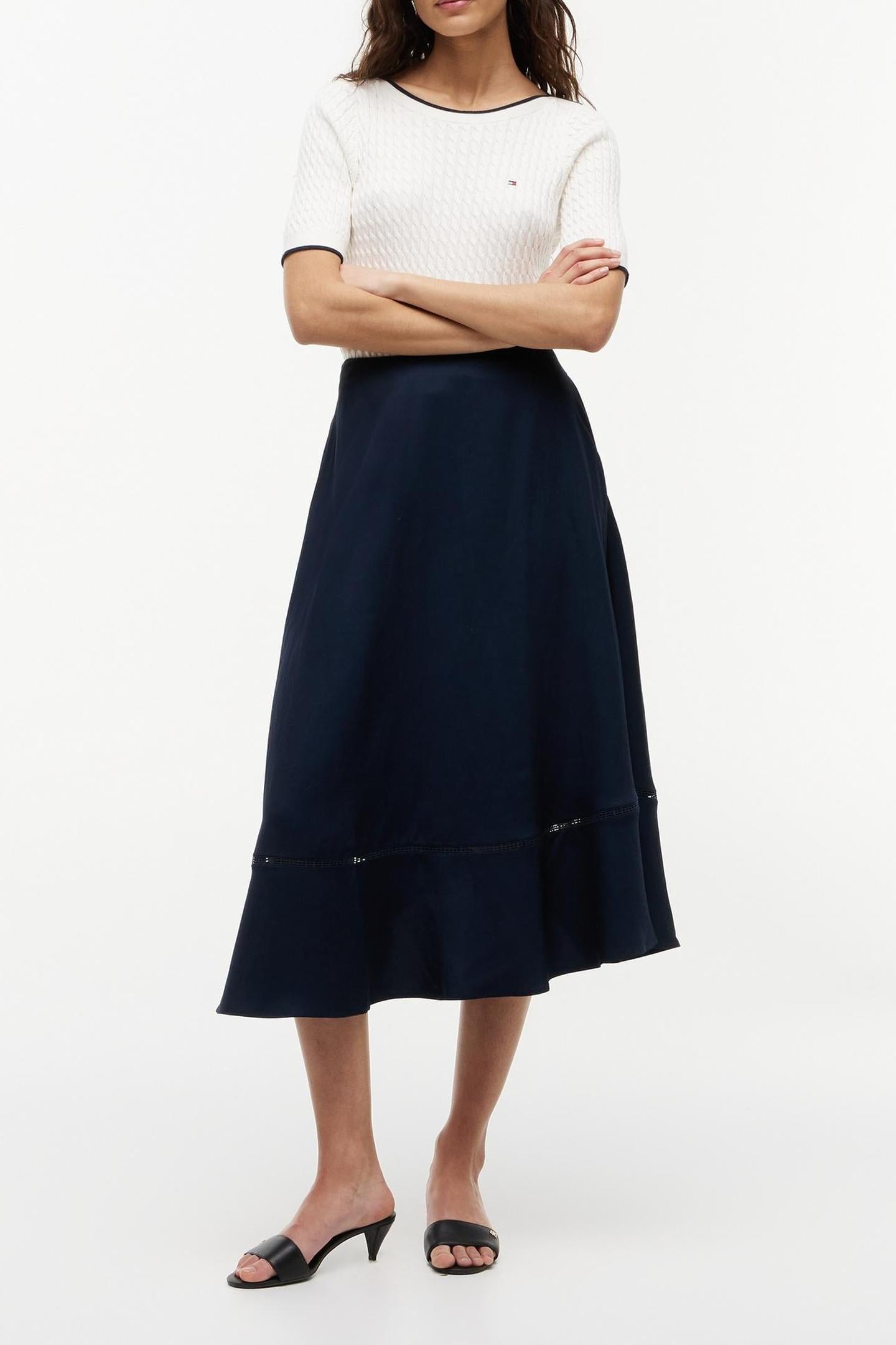 LOGO FLARE MIDI SKIRT WITH LINEN DARK NIGHT NAVY 1