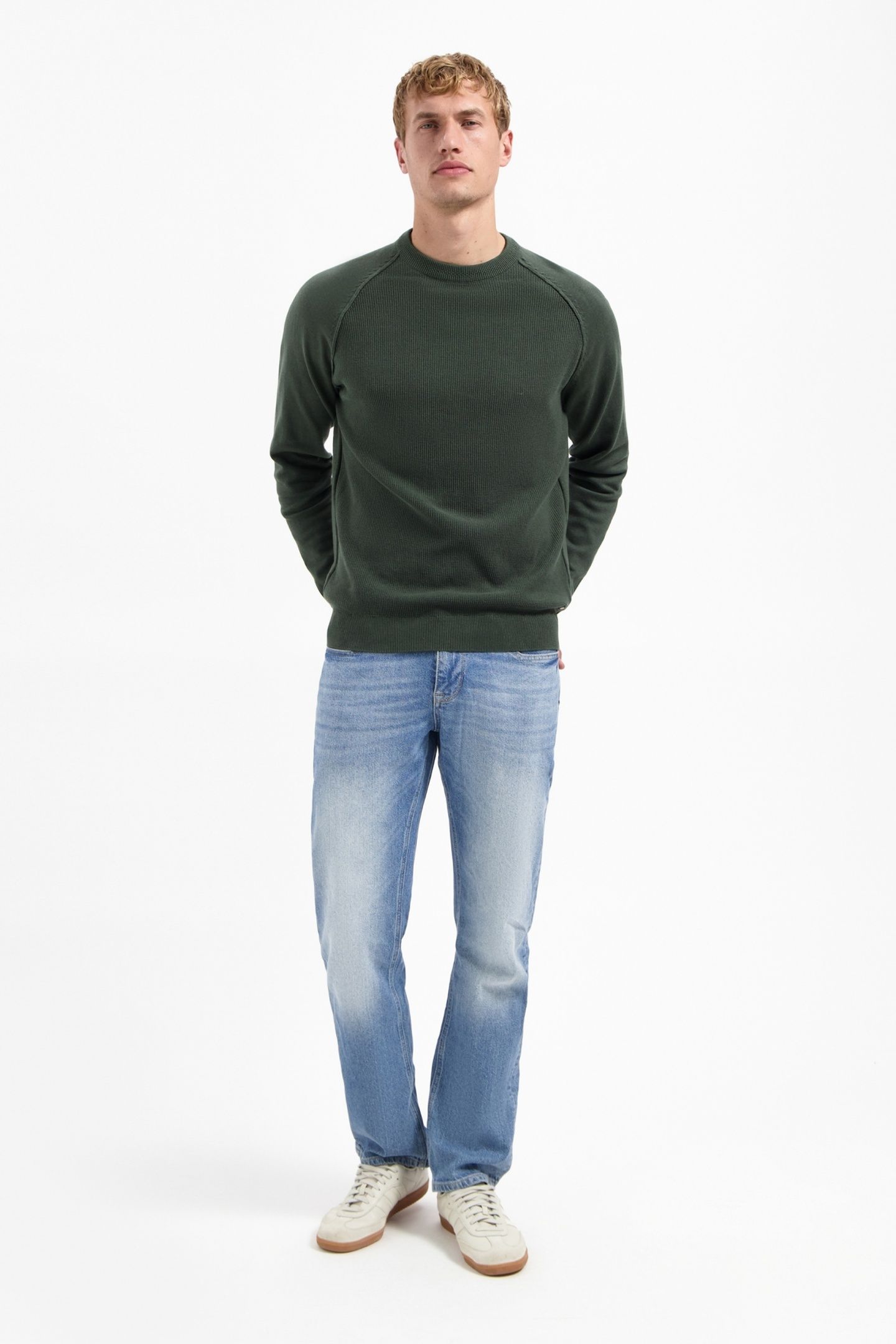 PULLOVER CREWNECK SOLID WAFFLE KNIT DARK GREEN 1