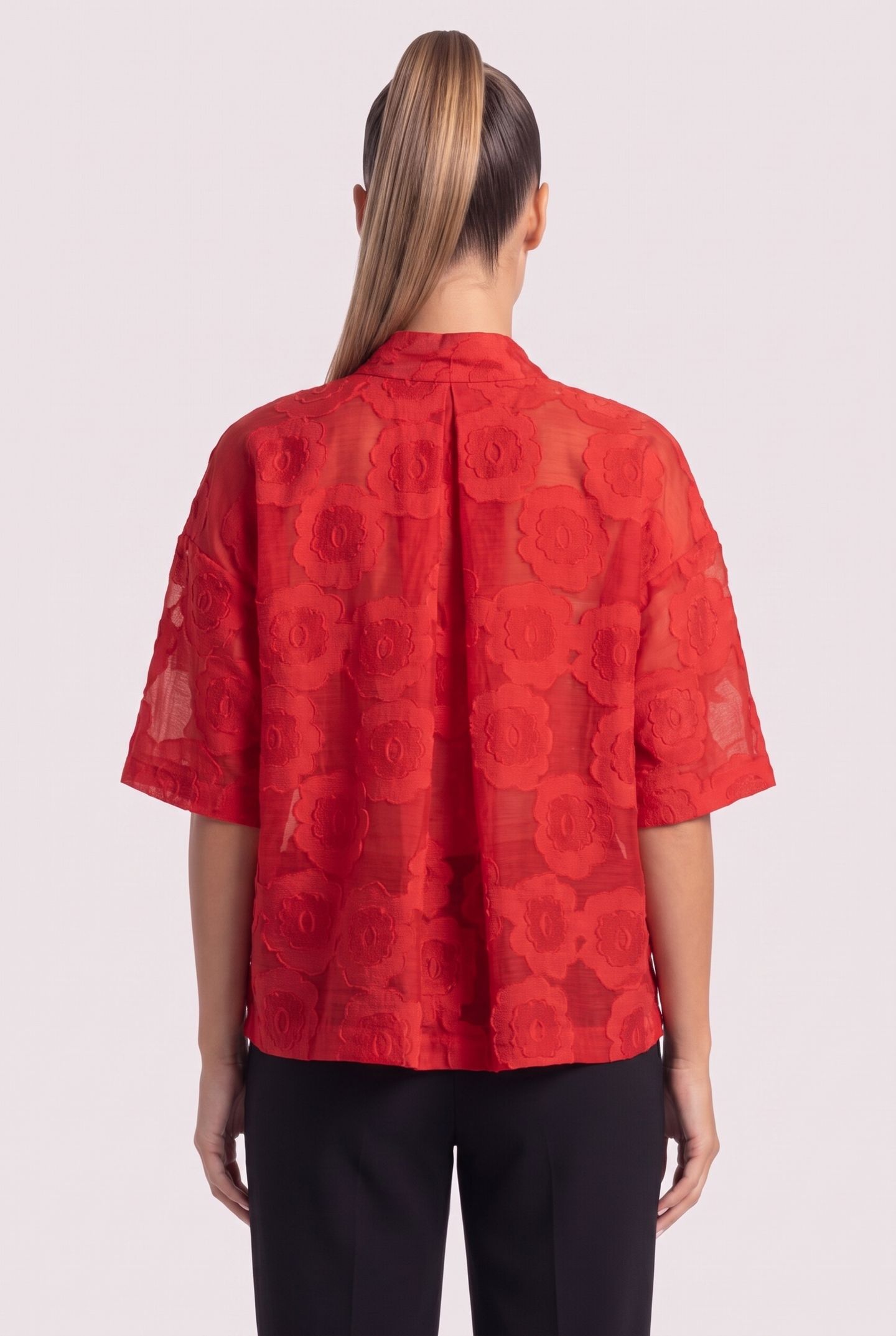 EMBROIDERED FLOWER V-NECK TOP BRIGHT RED 2
