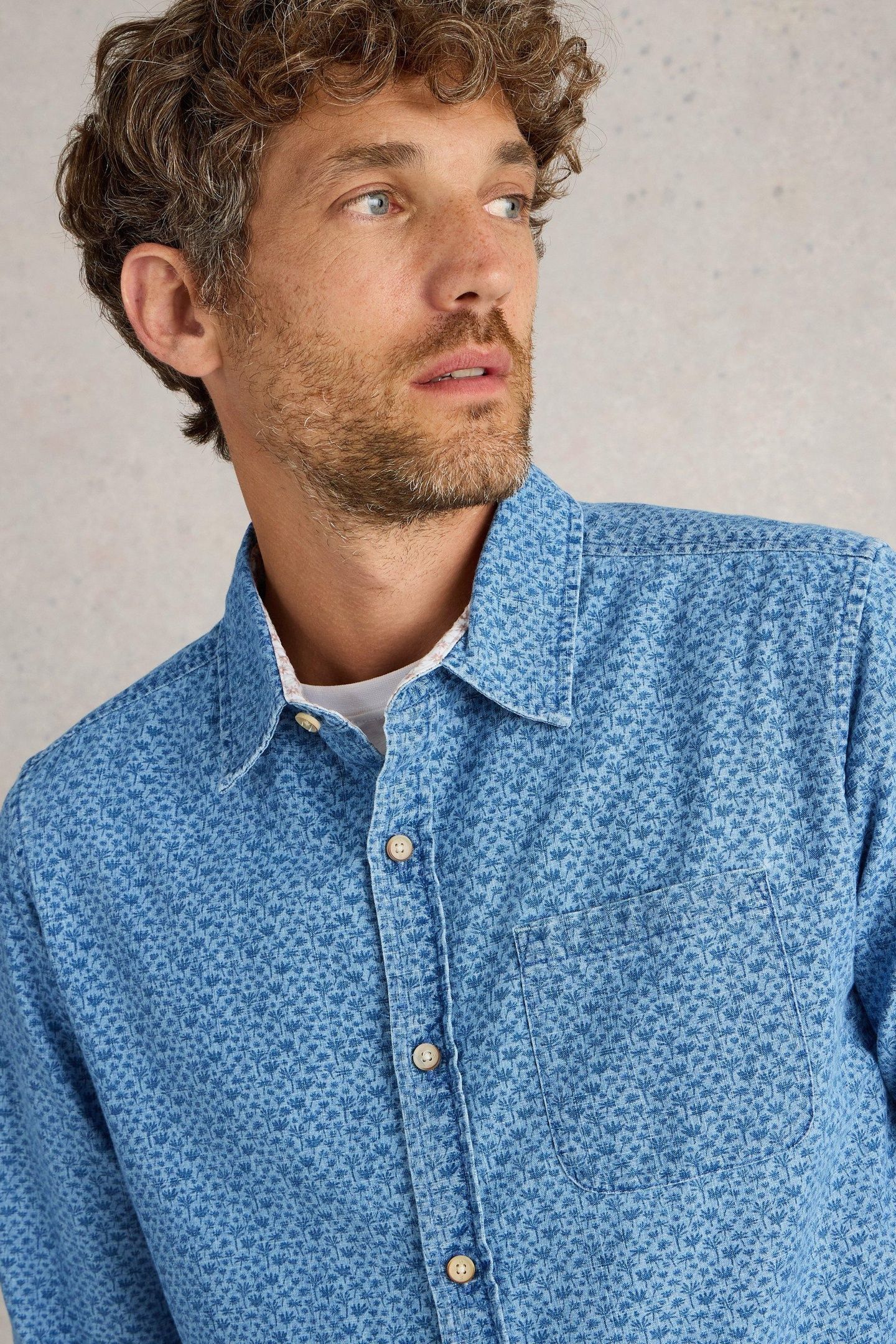 LEAF PRINTED LS SHIRT CHAMBRAY BLUE 5