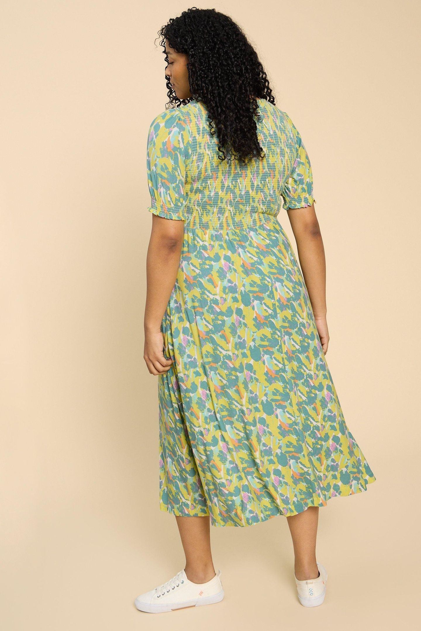 EMILY SHIRRED JERSEY DRESS TEAL PRINT 4