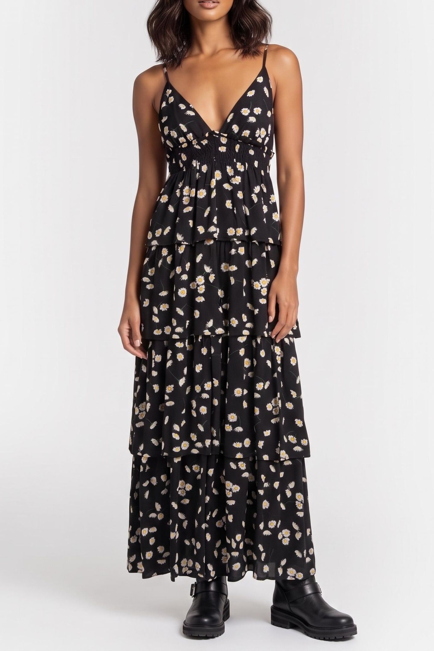 SLEEVELESS RUFFLED LONG DRESS BLACK WHITE 1